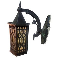 Pair Early 20th Century Bronze Colored Glass Outdoor Wall Sconces Arts & Crafts