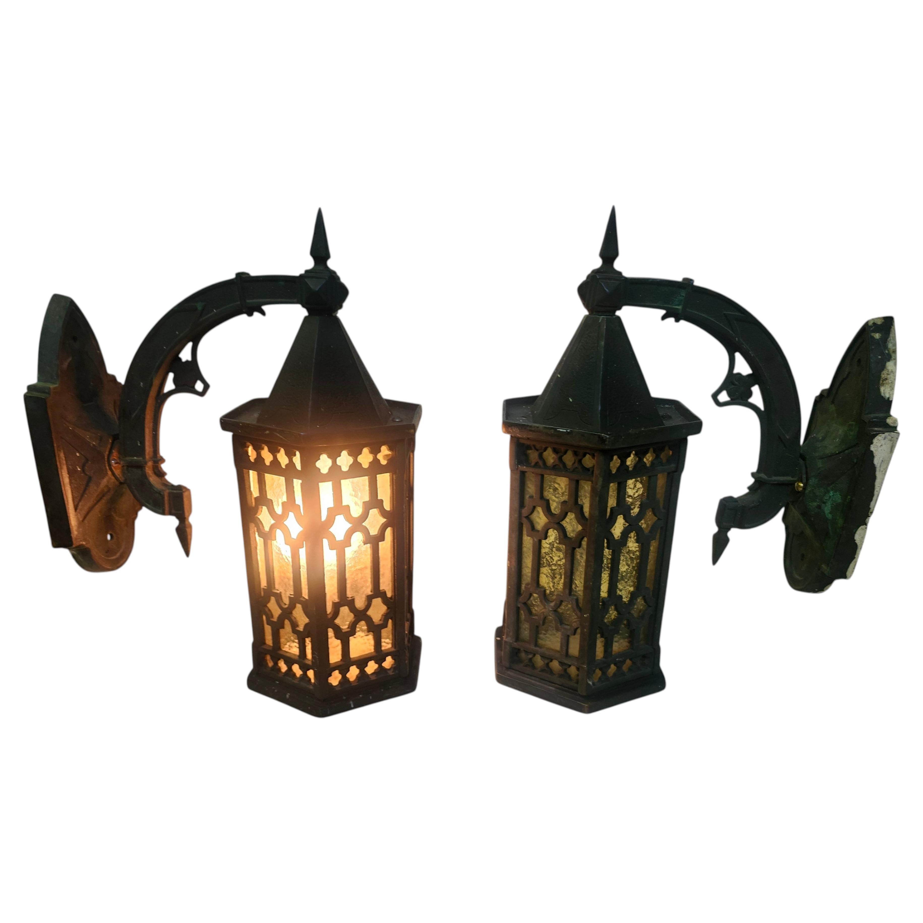 Pair Early 20th Century Bronze Colored Glass Outdoor Wall Sconces Arts & Crafts