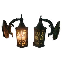 Pair Early 20th Century Bronze Colored Glass Outdoor Wall Sconces Arts & Crafts