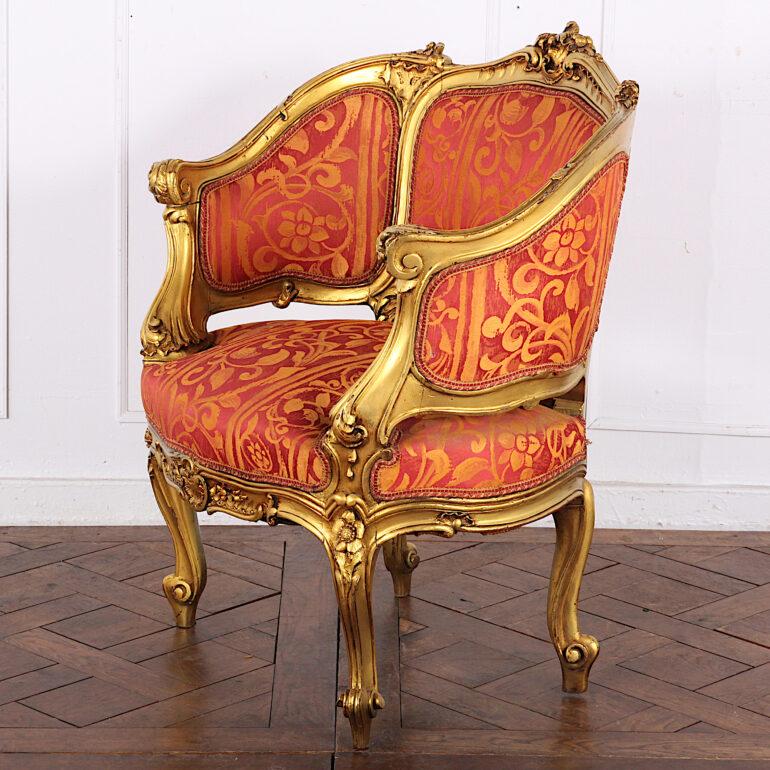 Pair of Early 20th Century Carved Gilt Louis XV Armchairs 1