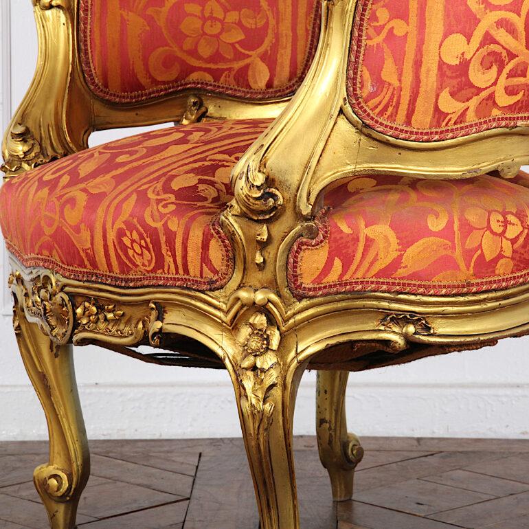 Pair of Early 20th Century Carved Gilt Louis XV Armchairs 2