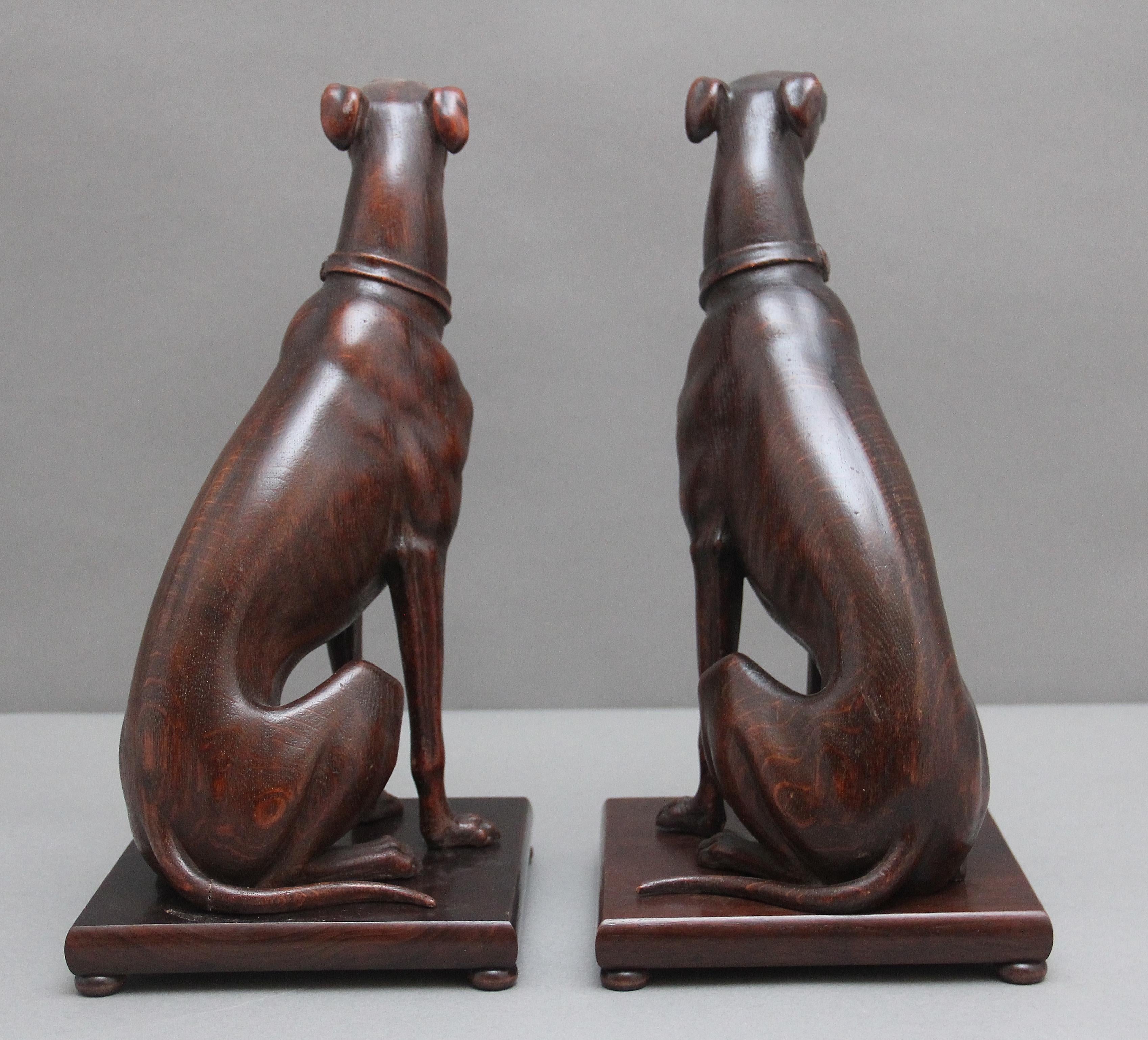 Oak Pair early 20th Century carved oak greyhounds