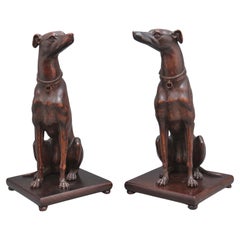 Antique Pair early 20th Century carved oak greyhounds