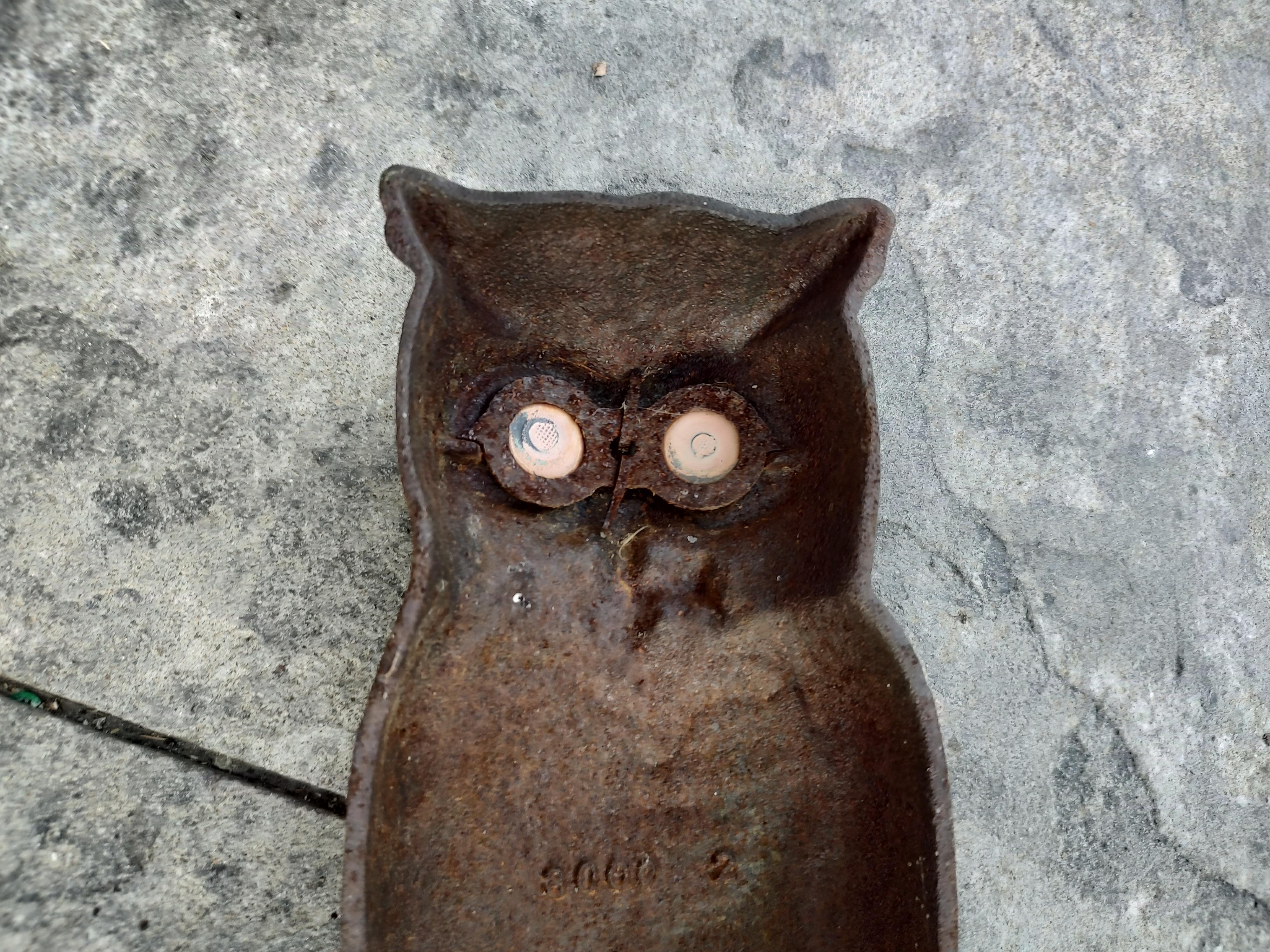 Pair Early 20th Century Cast Iron Owl with Glass Eyes Andirons by Howe Boston 2