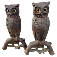 Antique Pair Early 20th Century Cast Iron Owl with Glass Eyes Andirons by Howe Boston