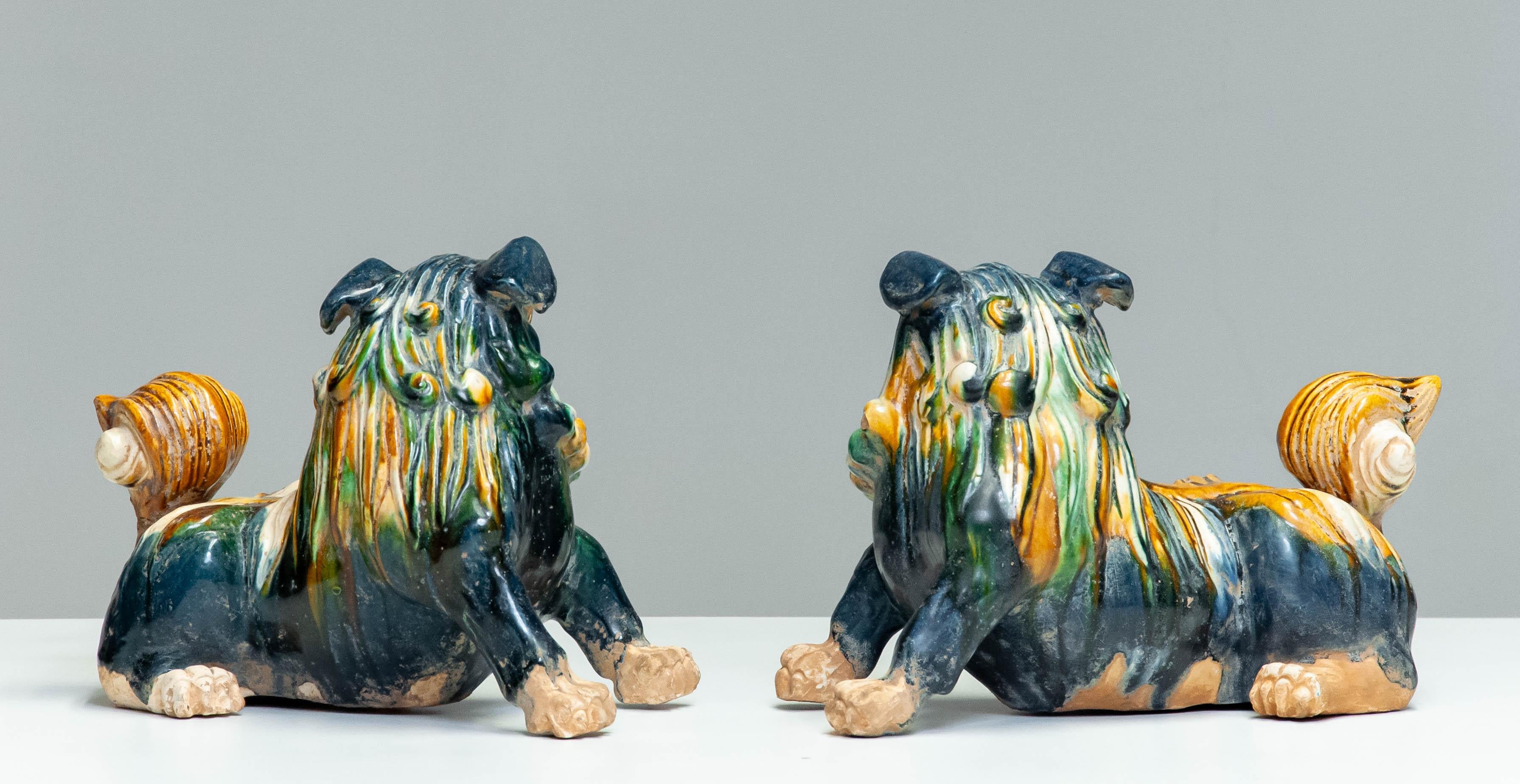 Pair Early 20th Century Chinese Ceramic Foo Dogs For Sale 2