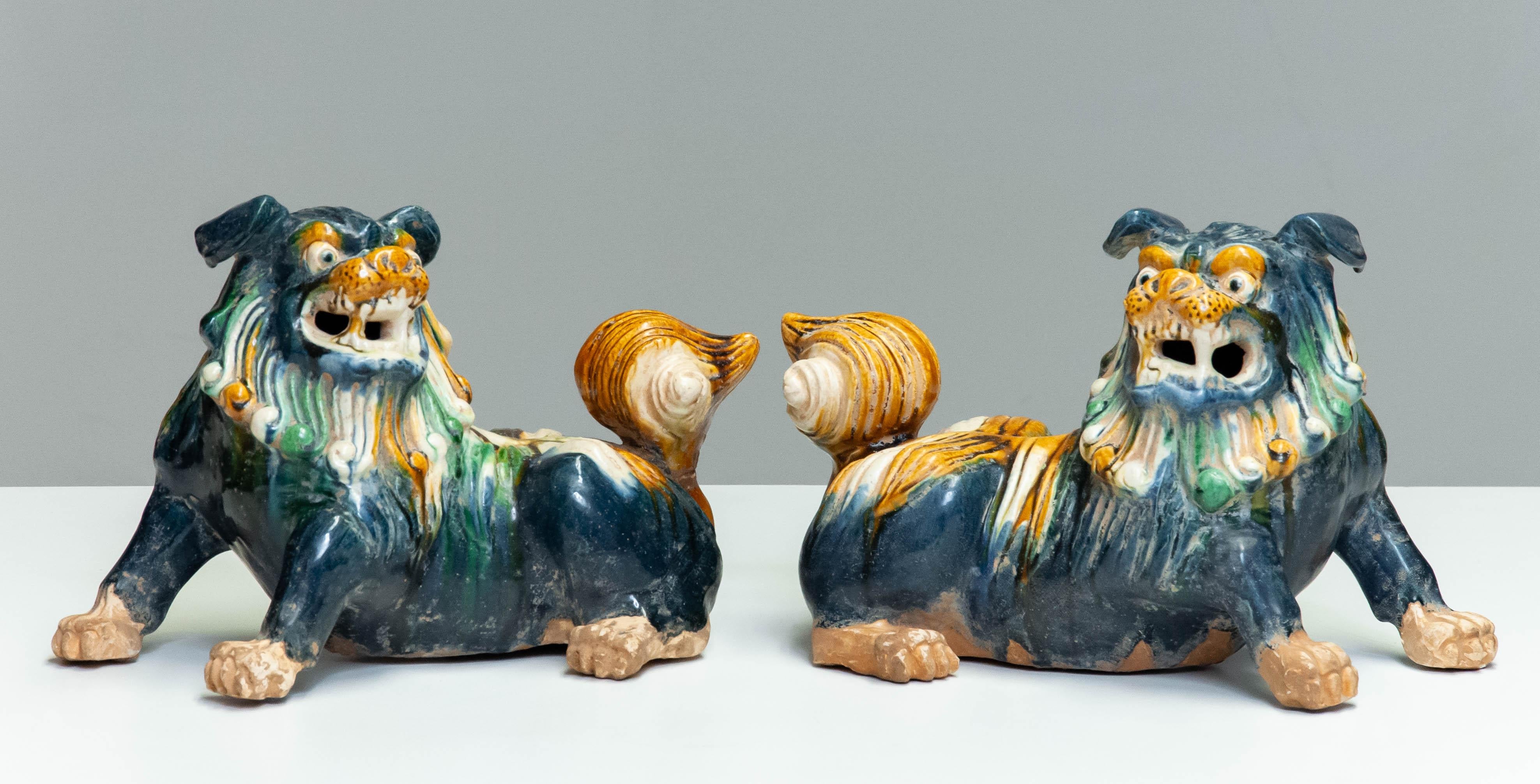 Pair Early 20th Century Chinese Ceramic Foo Dogs For Sale 3