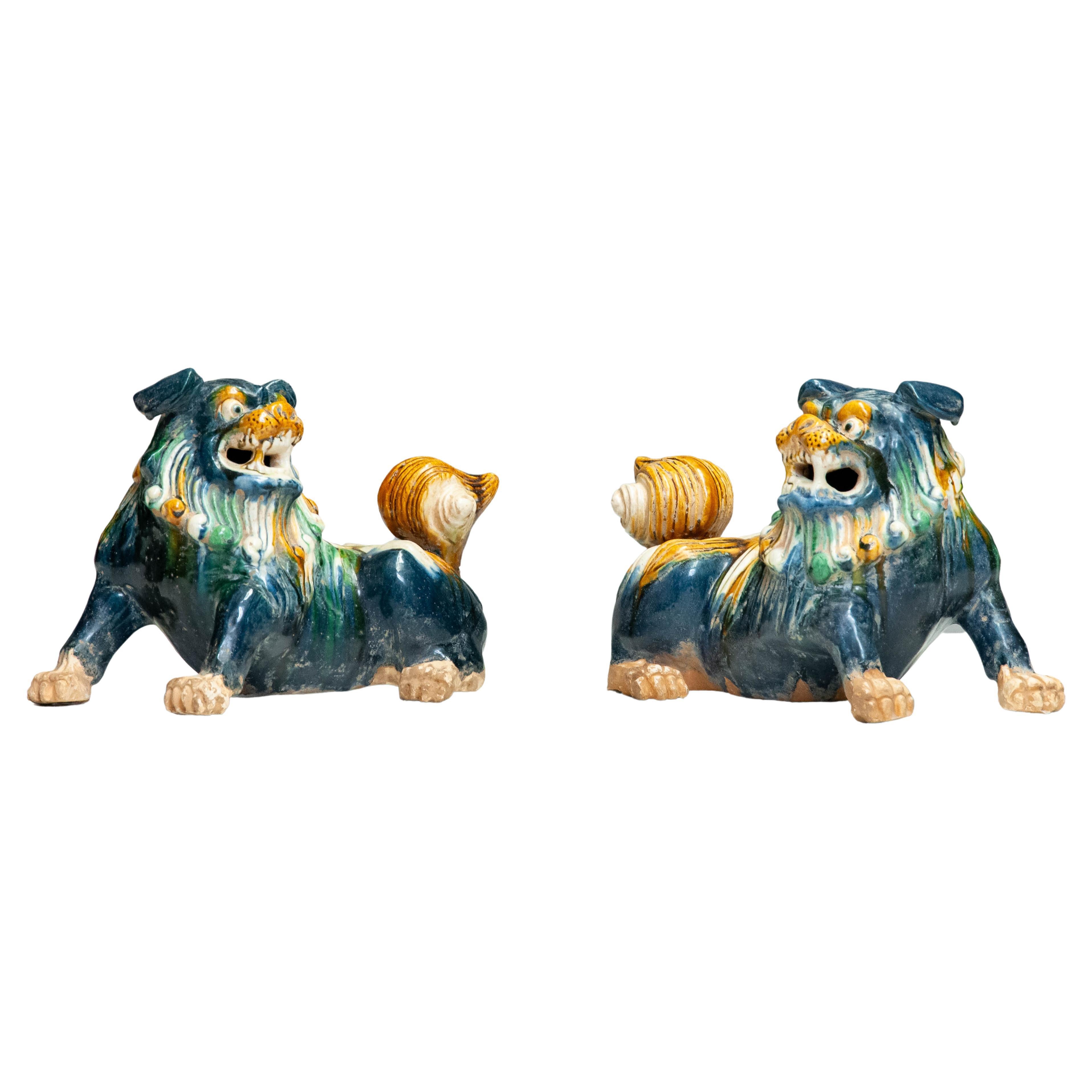 Pair Early 20th Century Chinese Ceramic Foo Dogs For Sale