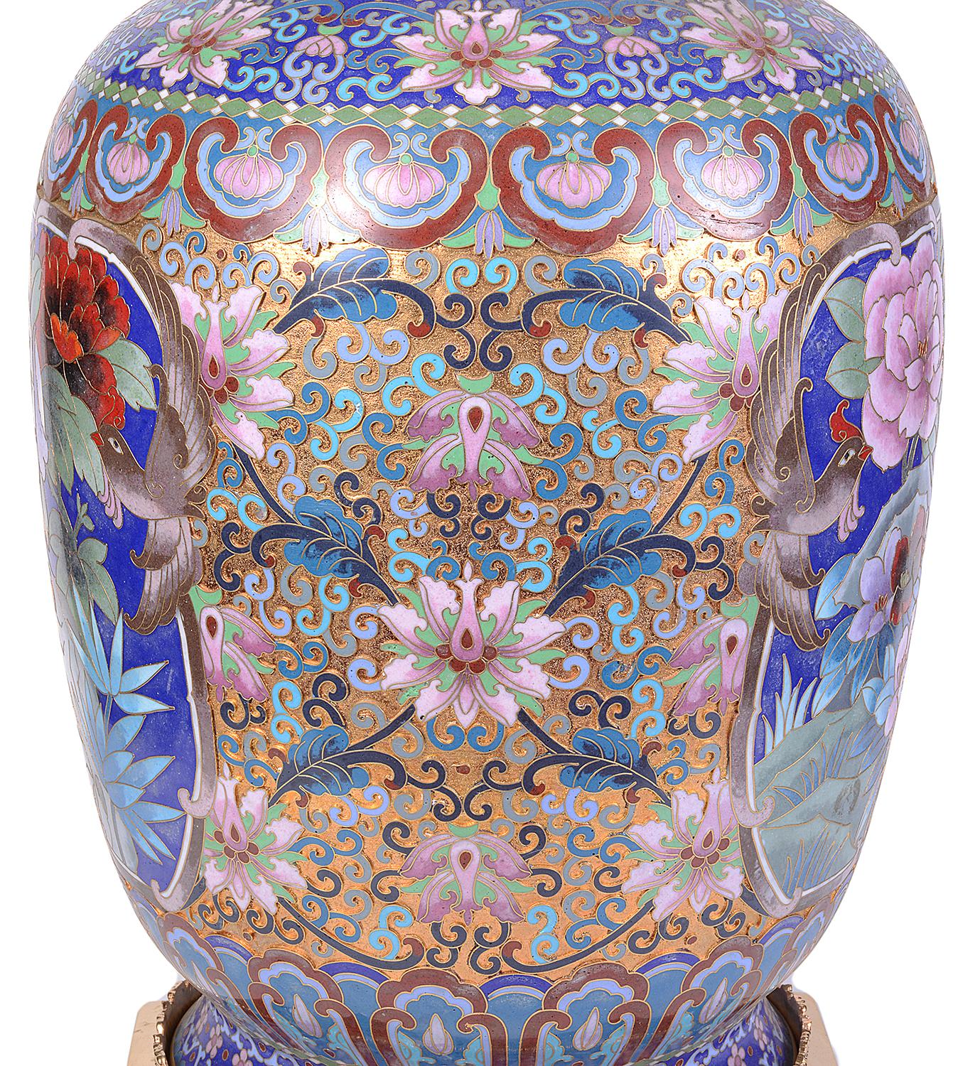 Pair of Early 20th Century Chinese Cloisonne Enamel Vases/Lamps For Sale 5