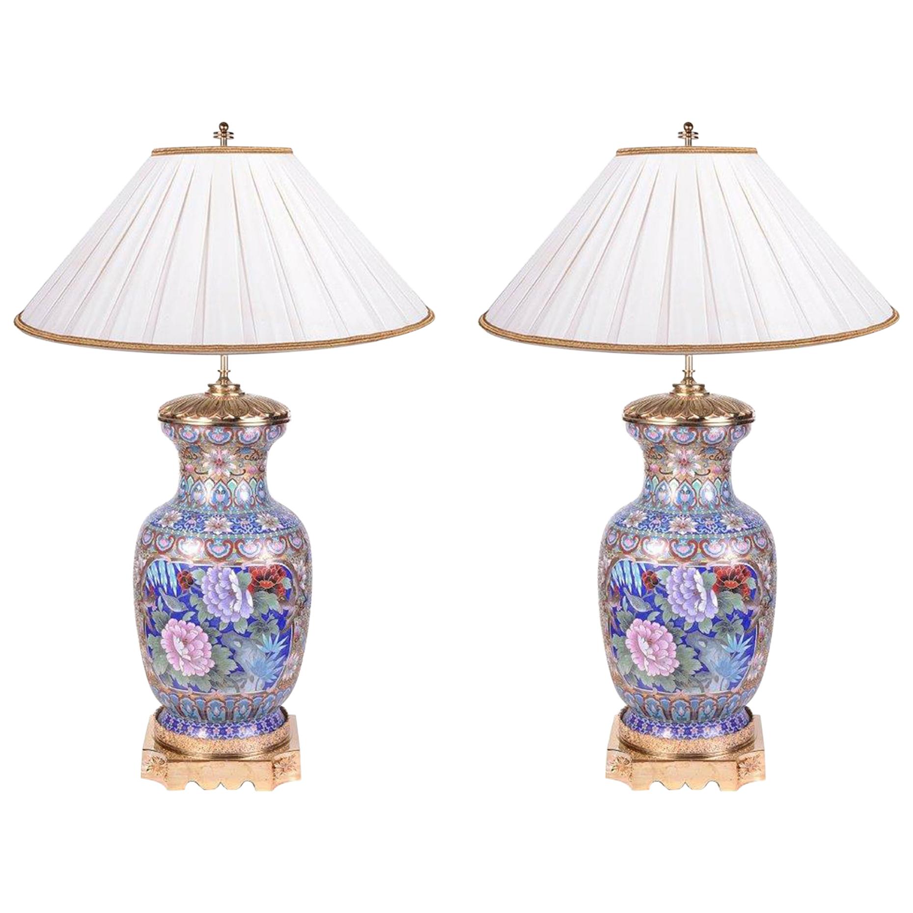 Pair of Early 20th Century Chinese Cloisonne Enamel Vases/Lamps For Sale