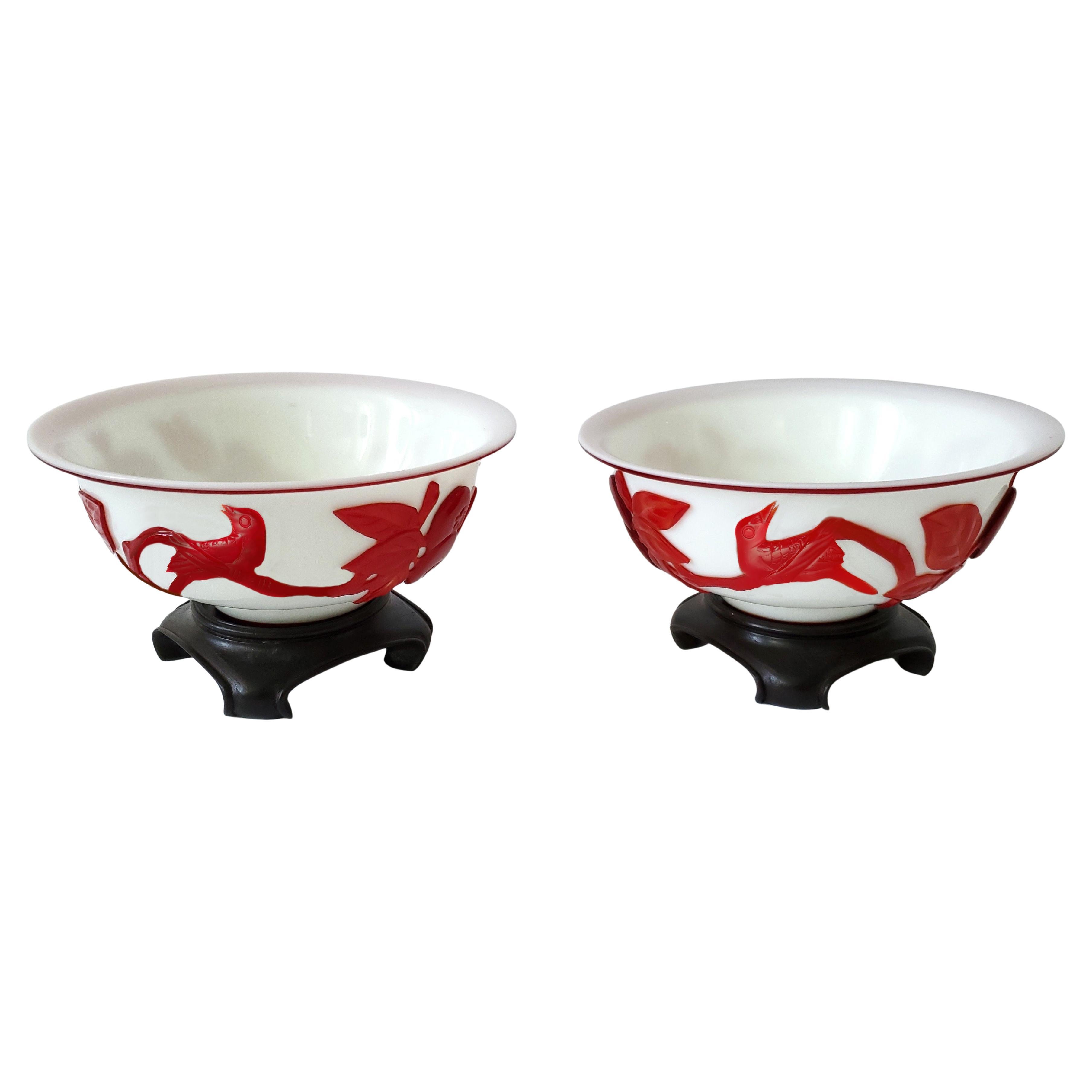 Pair Early 20th Century Chinese Peking Glass Bowls Carved Red Glass Overlay