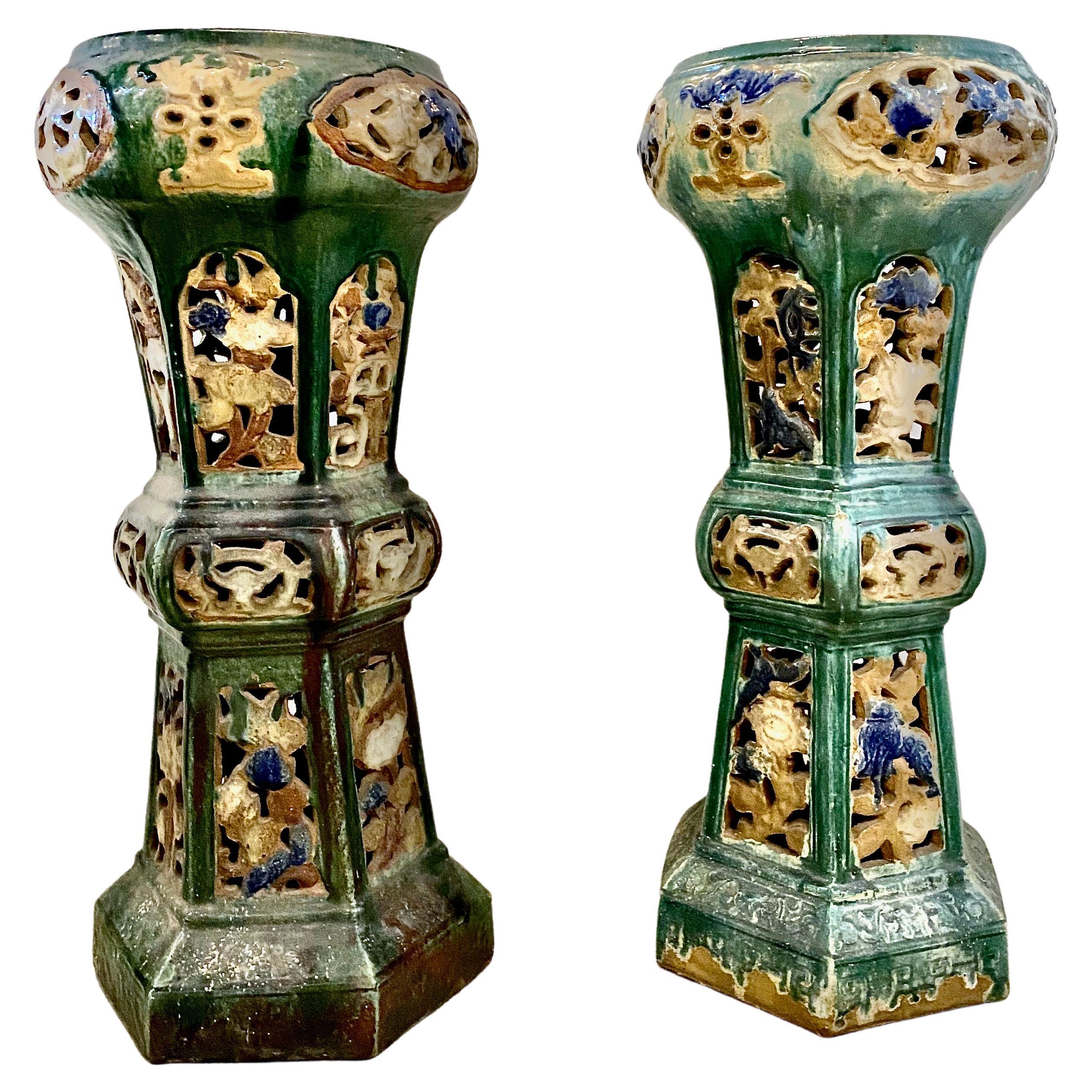 Pair Early 20th Century Chinese Sancai Terra Cotta Pedestals or Stands For Sale