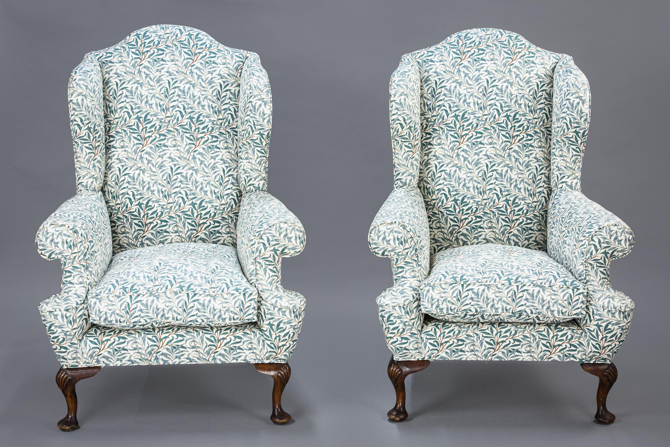 Smart pair of good scale early 20th century wing armchairs, reupholstered in William Morris Willow Bough. England Circa 1920. Priced as a pair.