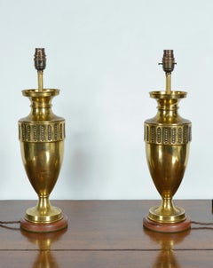 Pair Early 20th Century French Art Nouveau Style Brass Urn Vase Table Lamps