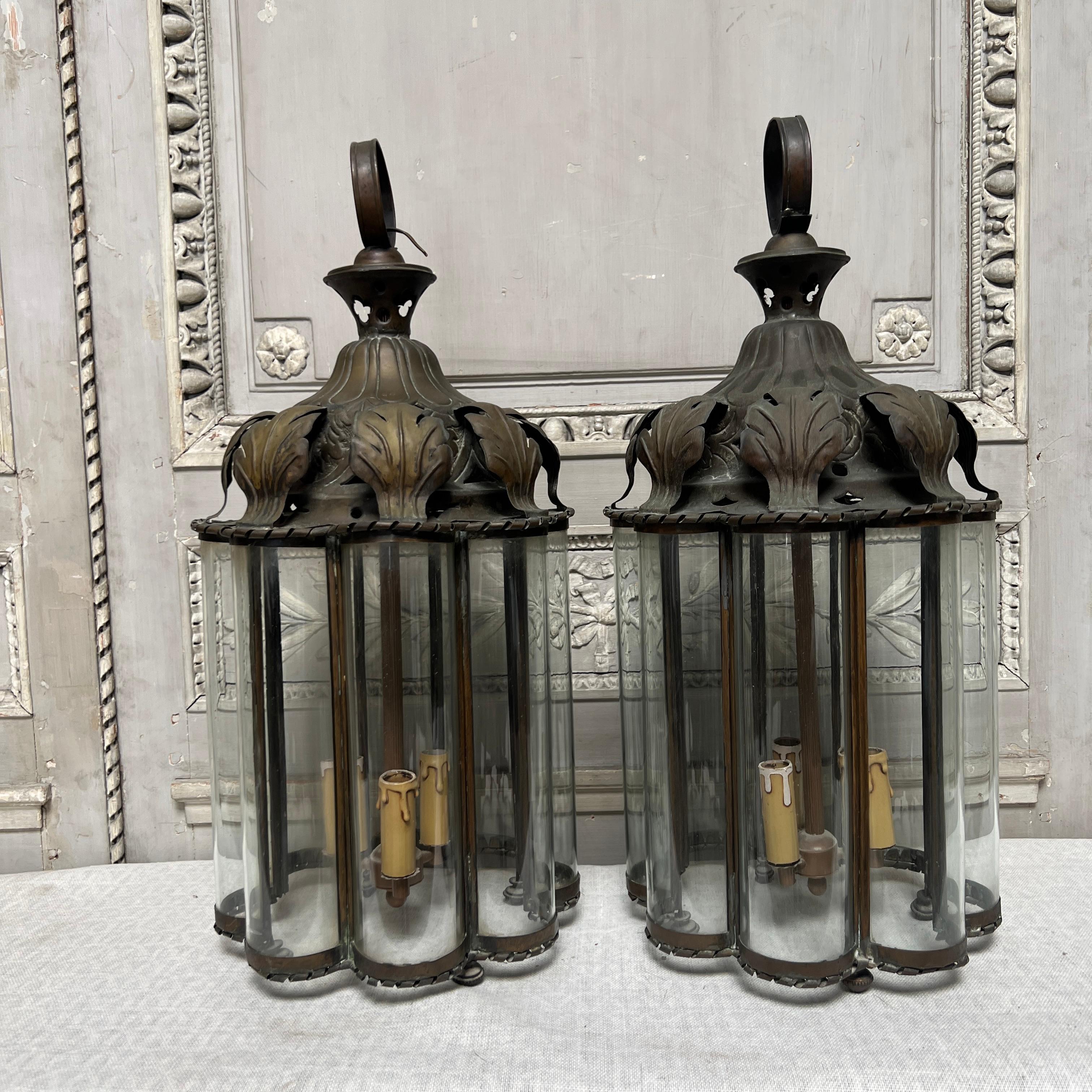 Pair Early 20th Century French Brass and Glass Lanterns 11