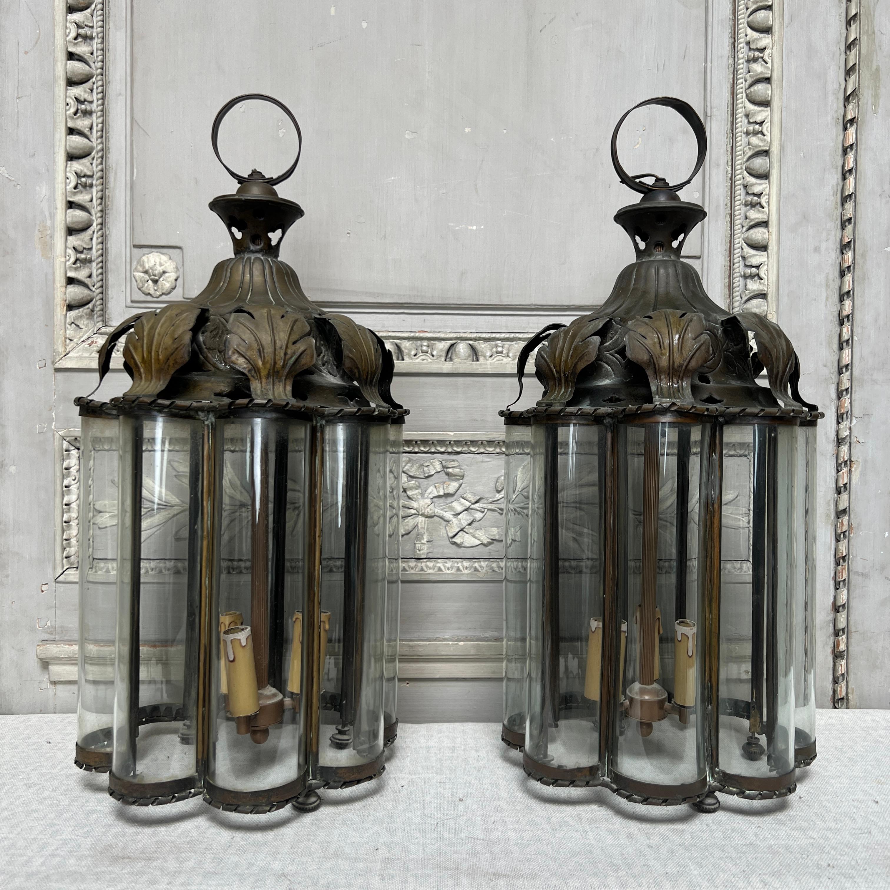 Hand-Crafted Pair Early 20th Century French Brass and Glass Lanterns