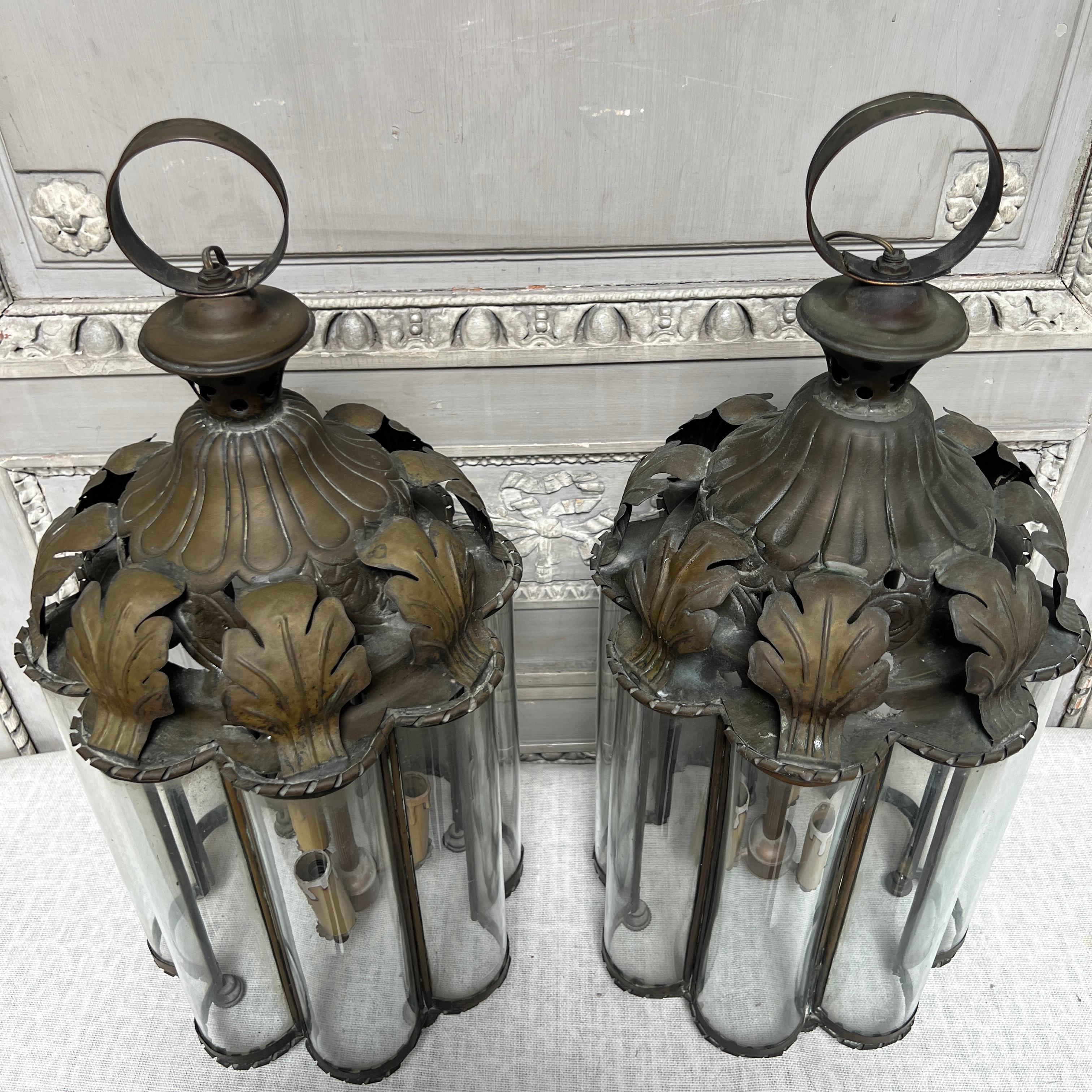Pair Early 20th Century French Brass and Glass Lanterns In Good Condition In Dallas, TX