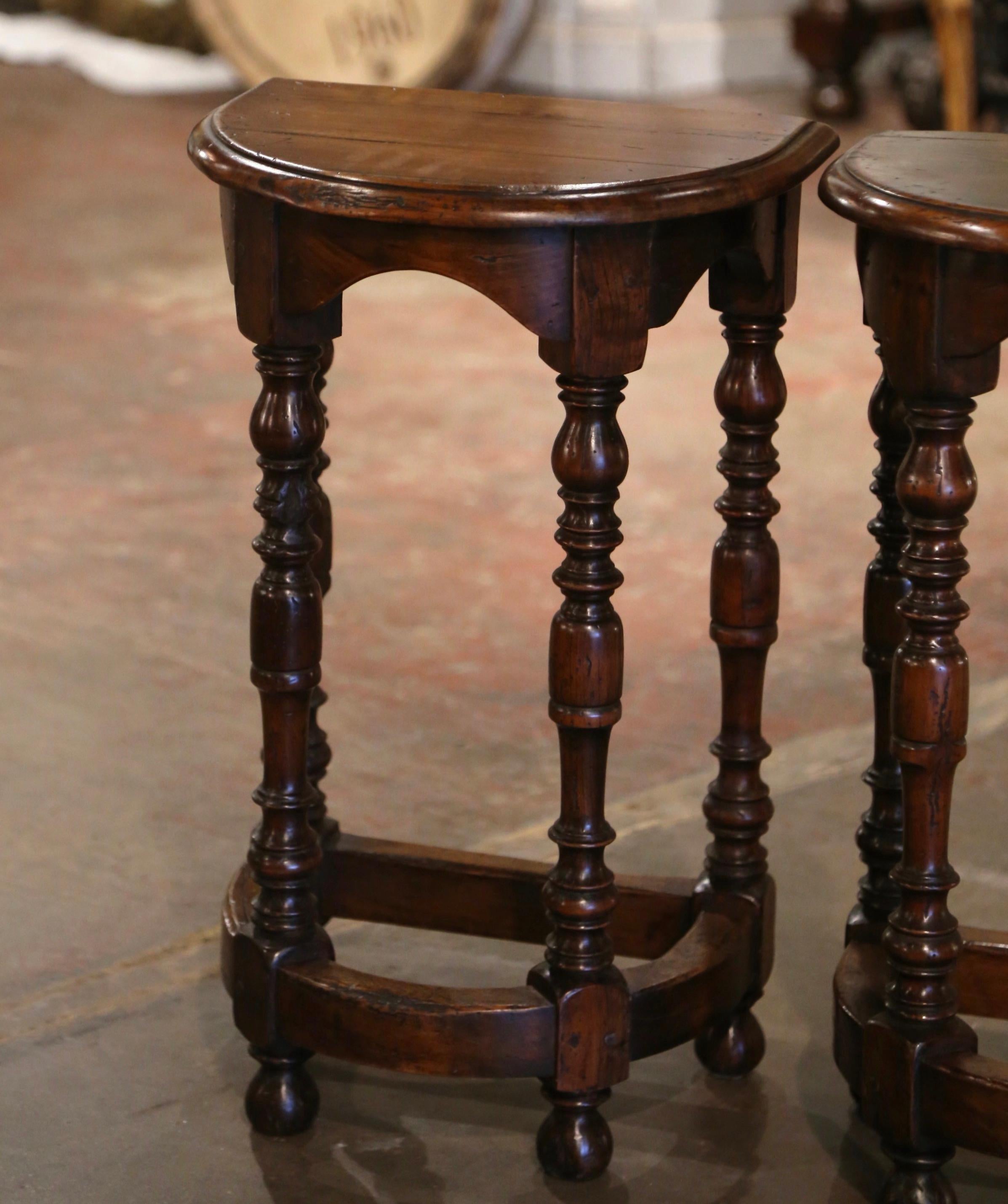 Louis XIII Pair Early 20th Century French Carved Oak Turned Leg Demilune Side Tables