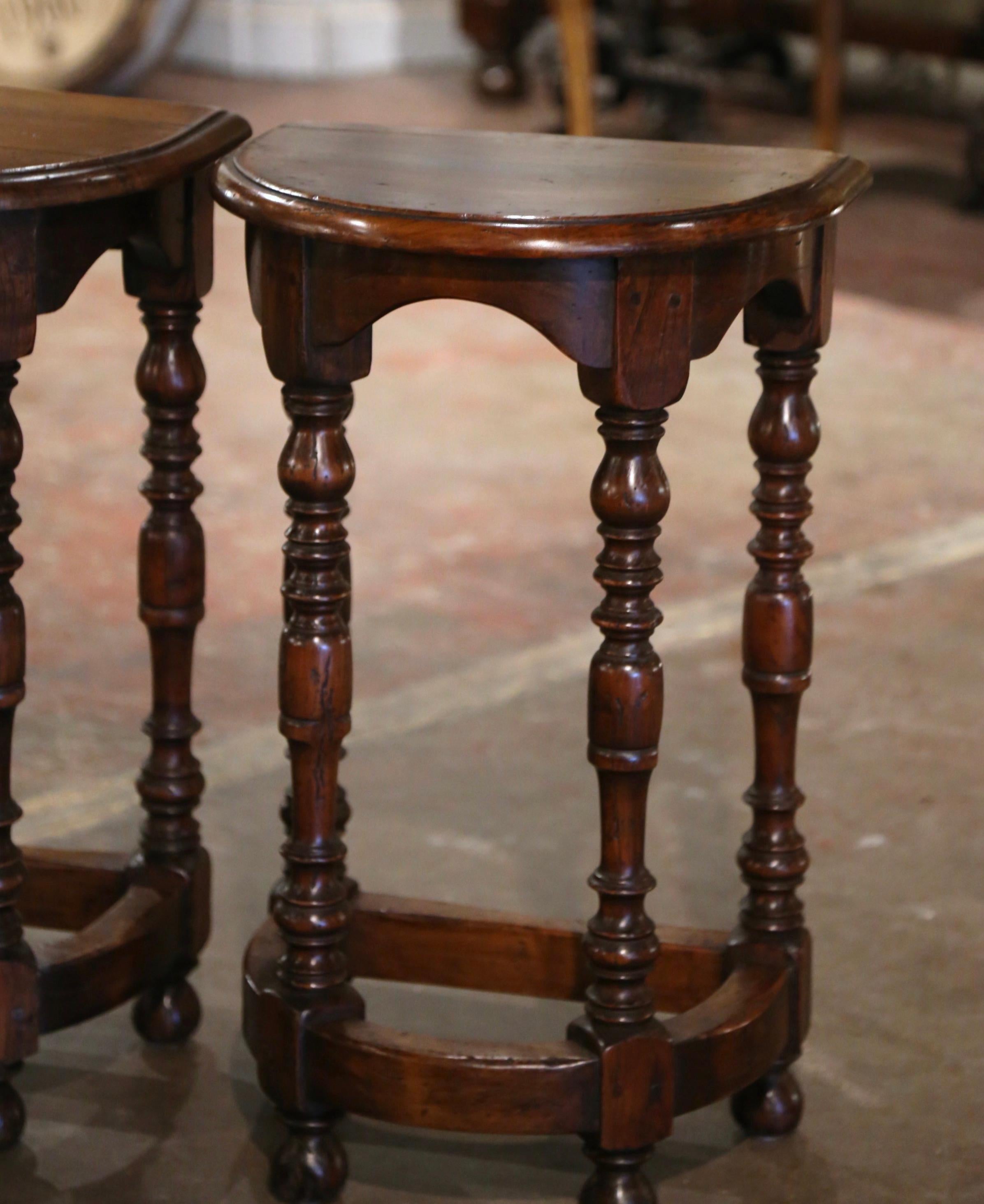 Hand-Carved Pair Early 20th Century French Carved Oak Turned Leg Demilune Side Tables For Sale