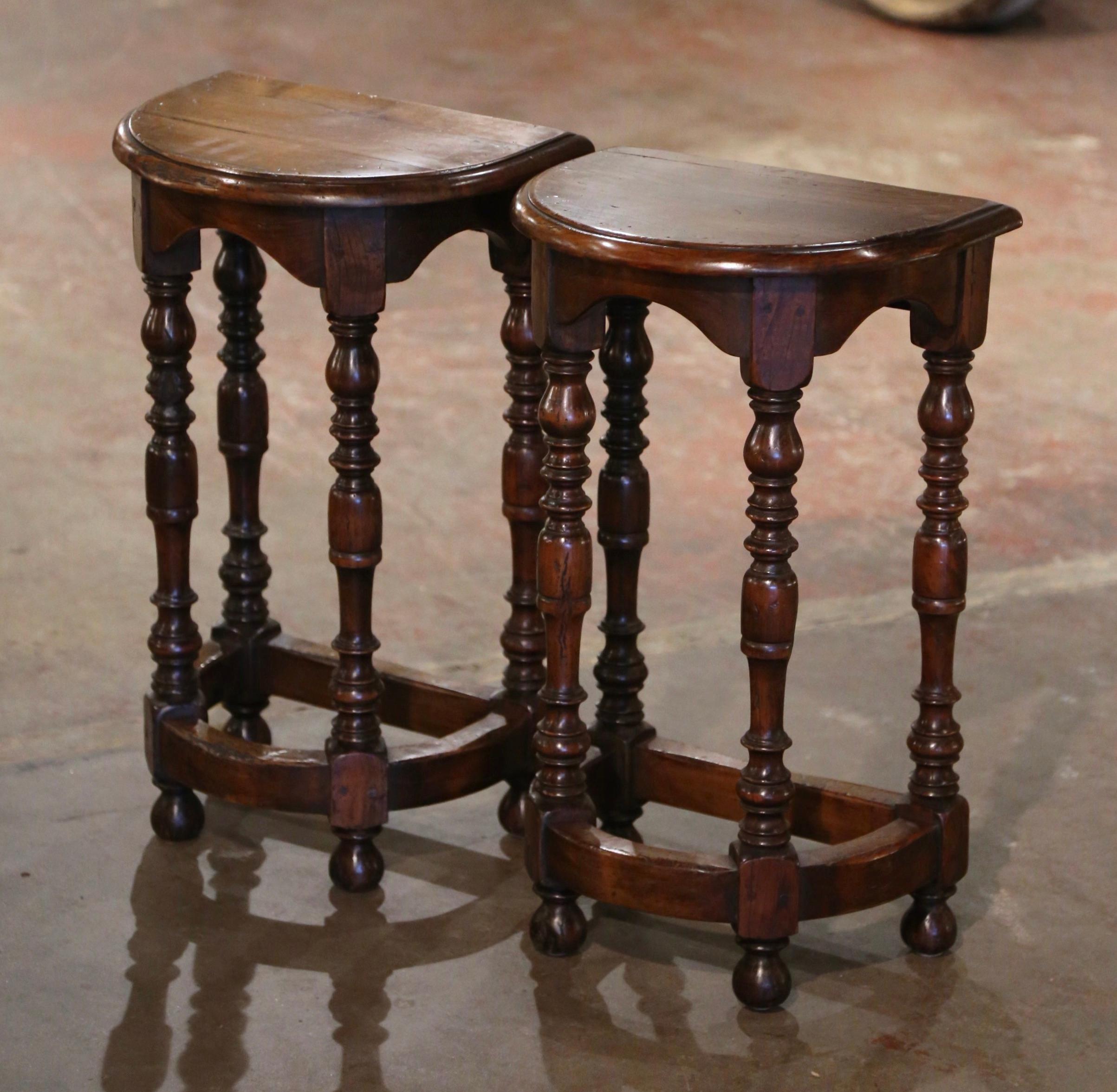 Pair Early 20th Century French Carved Oak Turned Leg Demilune Side Tables In Excellent Condition In Dallas, TX