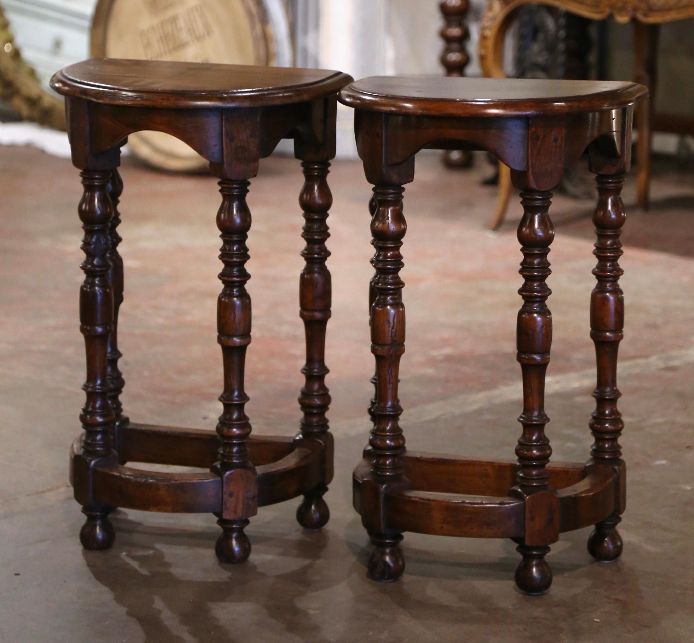 Pair Early 20th Century French Carved Oak Turned Leg Demilune Side Tables 1