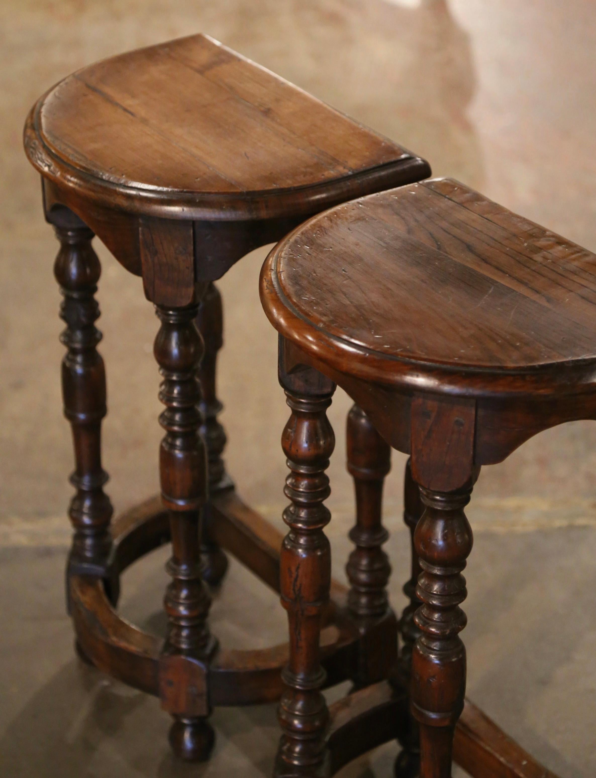 Pair Early 20th Century French Carved Oak Turned Leg Demilune Side Tables For Sale 2