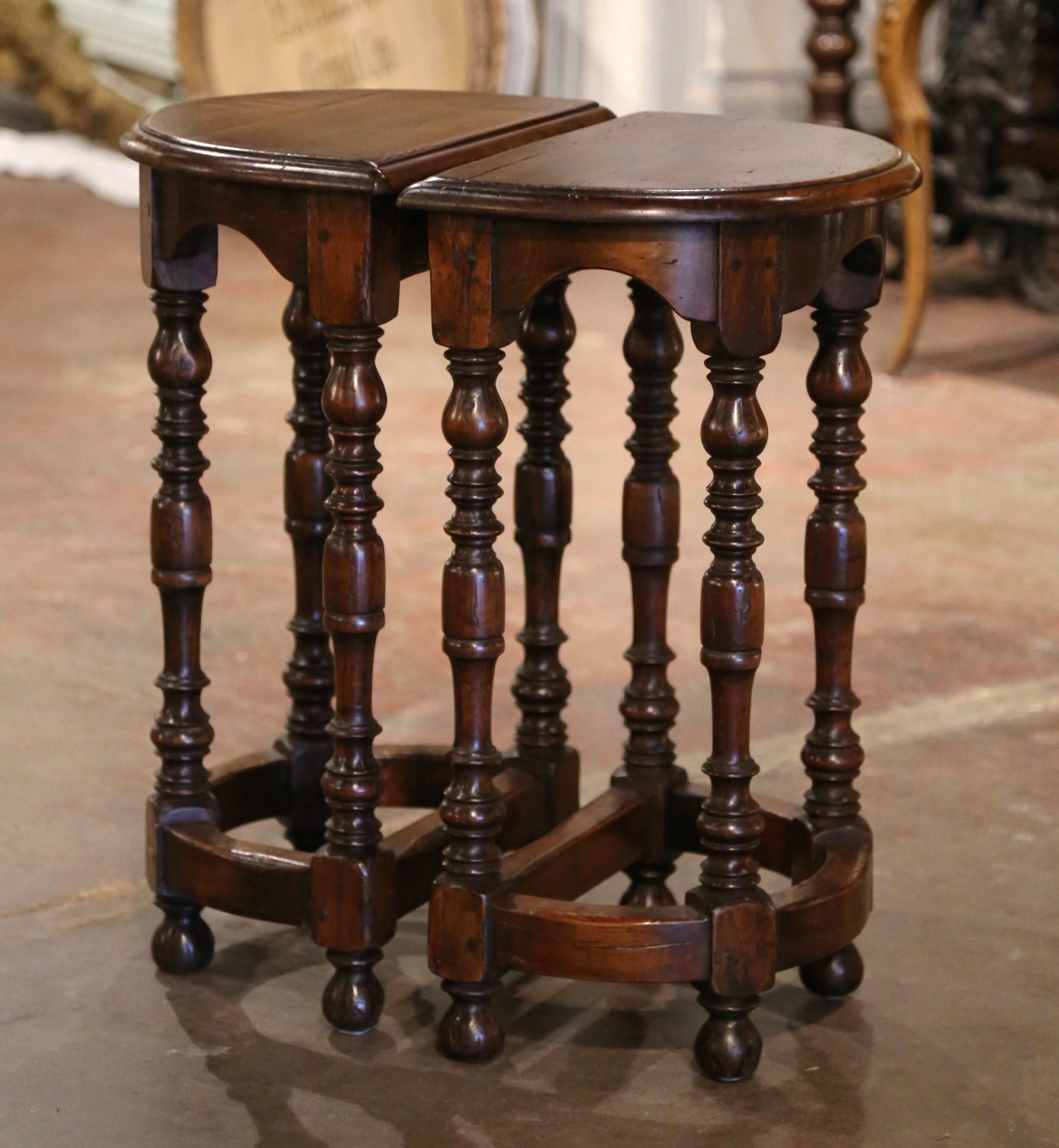 Pair Early 20th Century French Carved Oak Turned Leg Demilune Side Tables For Sale 3
