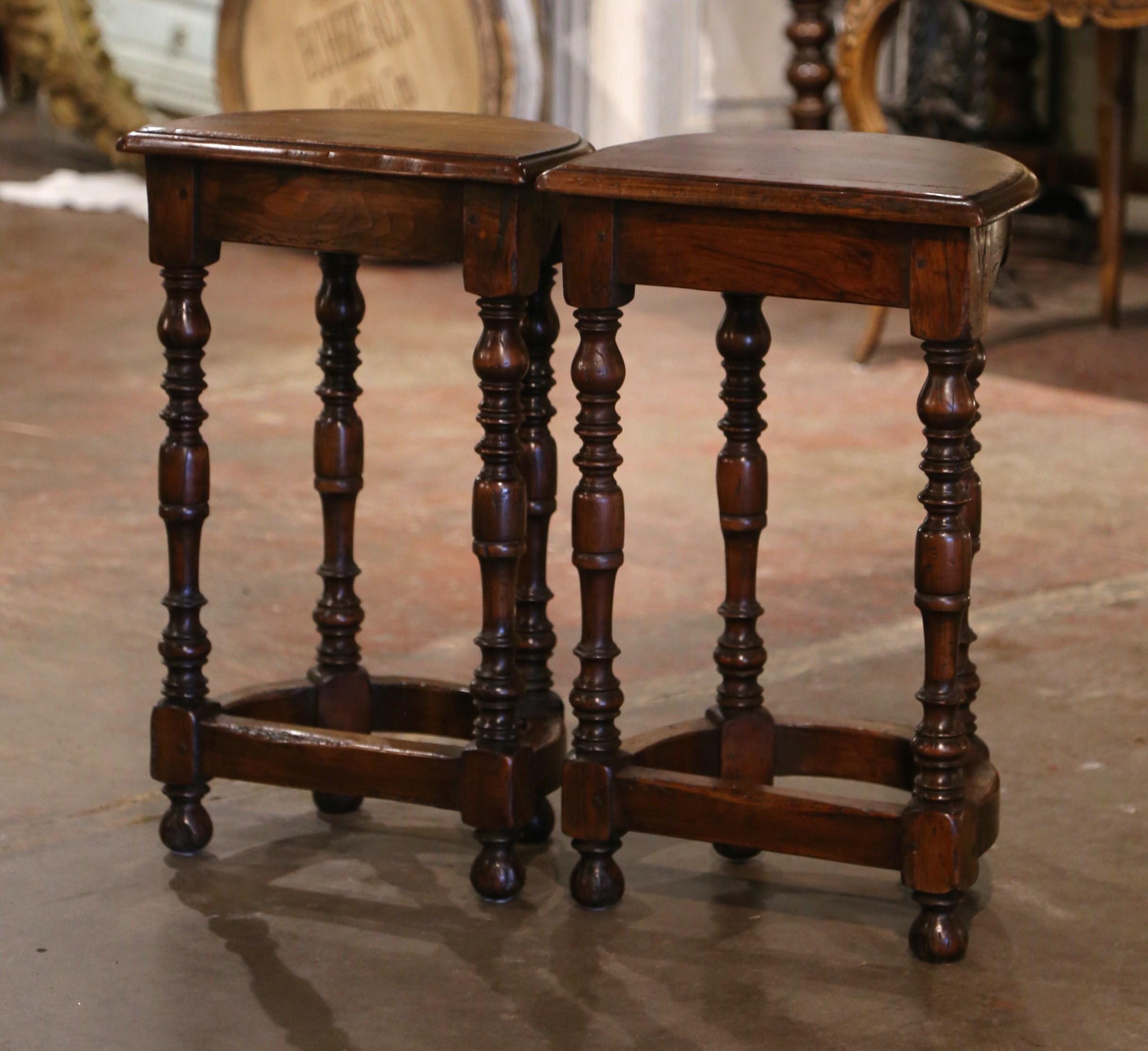 Pair Early 20th Century French Carved Oak Turned Leg Demilune Side Tables 4