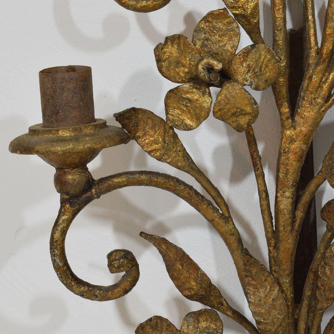 Pair Early 20th century French Hand Forged Iron Wall Candleholders / Sconces For Sale 5