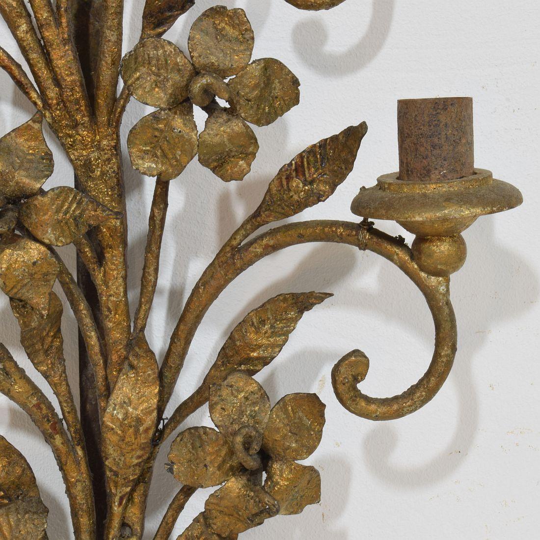 Pair Early 20th century French Hand Forged Iron Wall Candleholders / Sconces For Sale 11