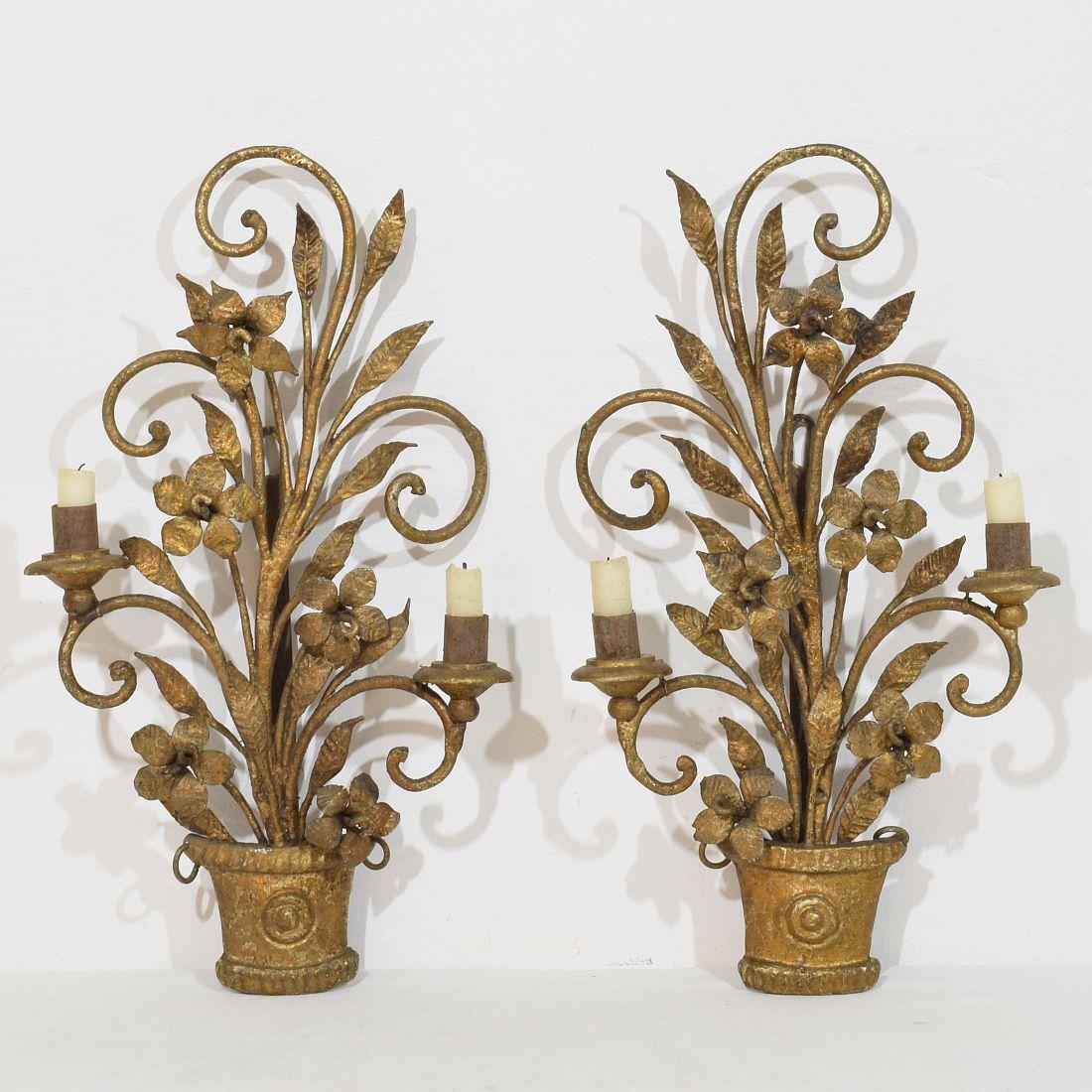 Louis XV Pair Early 20th century French Hand Forged Iron Wall Candleholders / Sconces For Sale