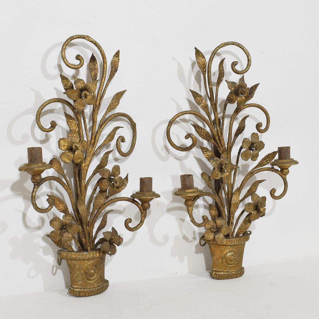 20th Century Pair Early 20th century French Hand Forged Iron Wall Candleholders / Sconces For Sale
