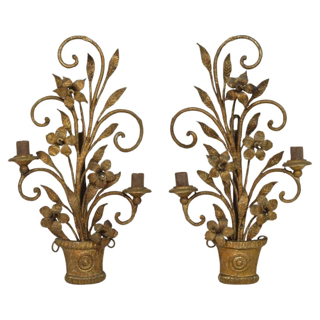 Pair Early 20th century French Hand Forged Iron Wall Candleholders / Sconces