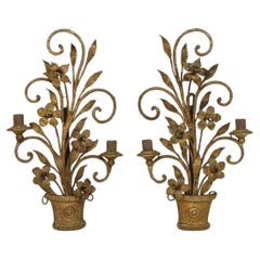Pair Early 20th century French Hand Forged Iron Wall Candleholders / Sconces