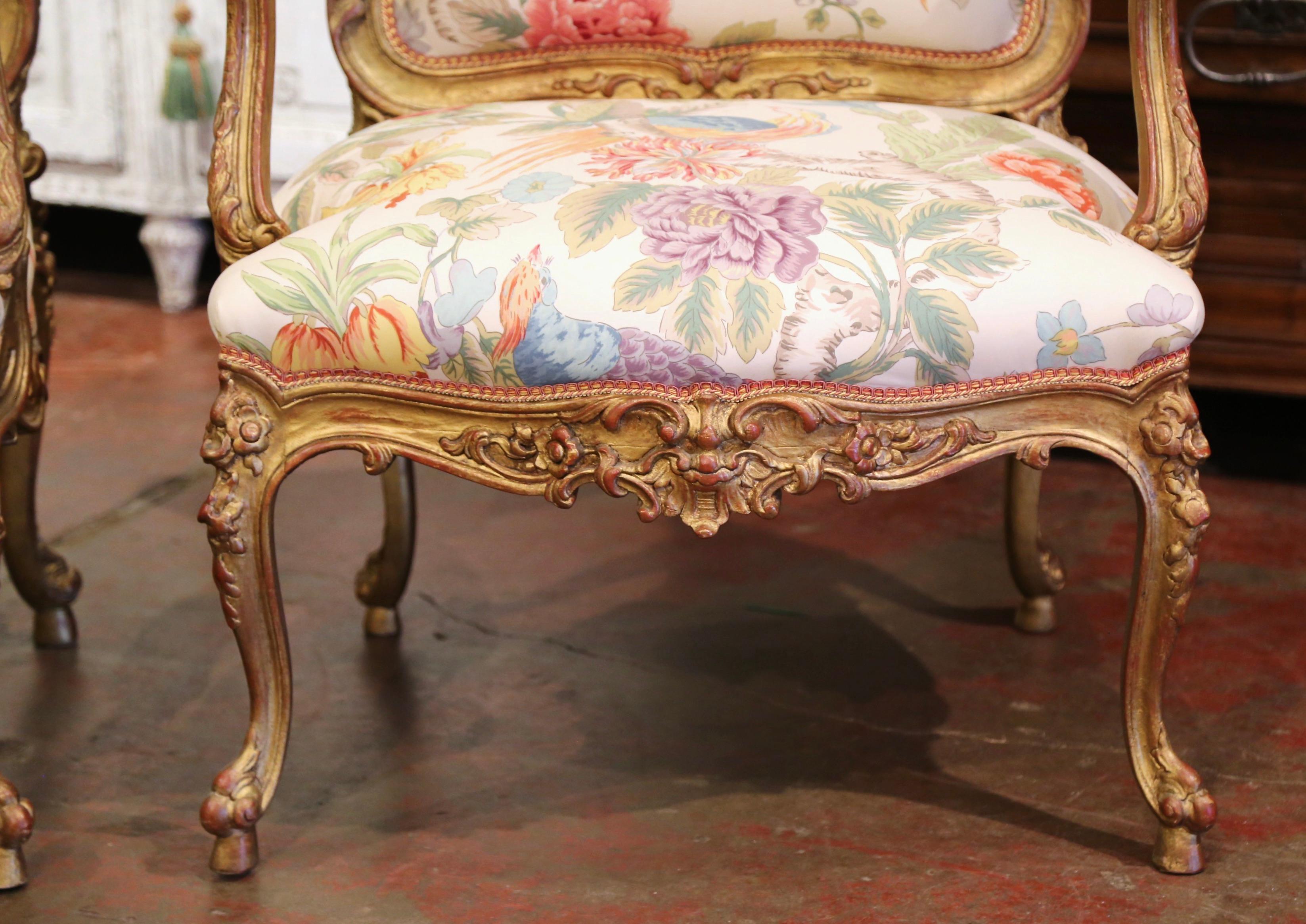 Pair Early 20th Century French Louis XV Carved Gilt Painted Bergères Fauteuils 5