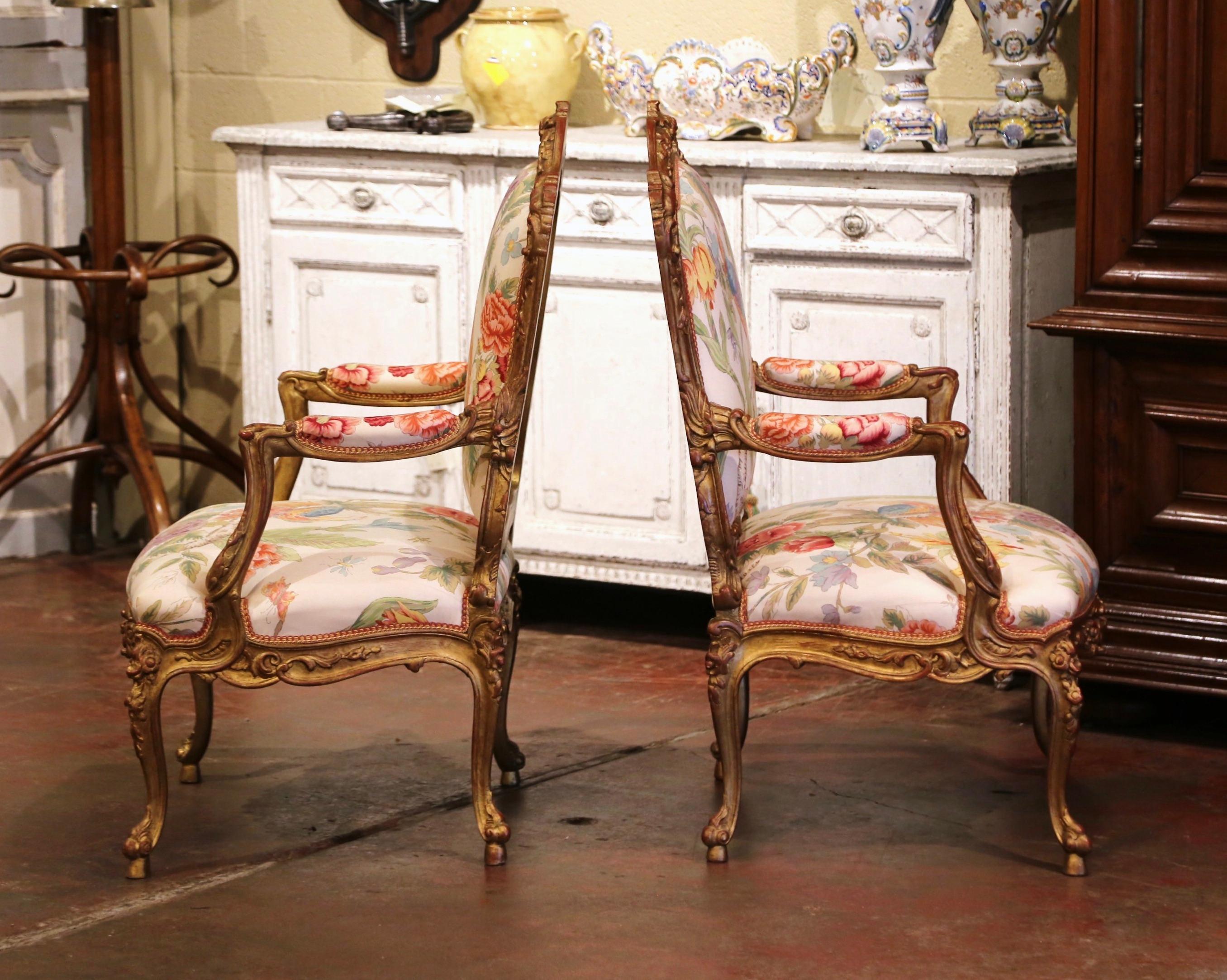 Pair Early 20th Century French Louis XV Carved Gilt Painted Bergères Fauteuils 6
