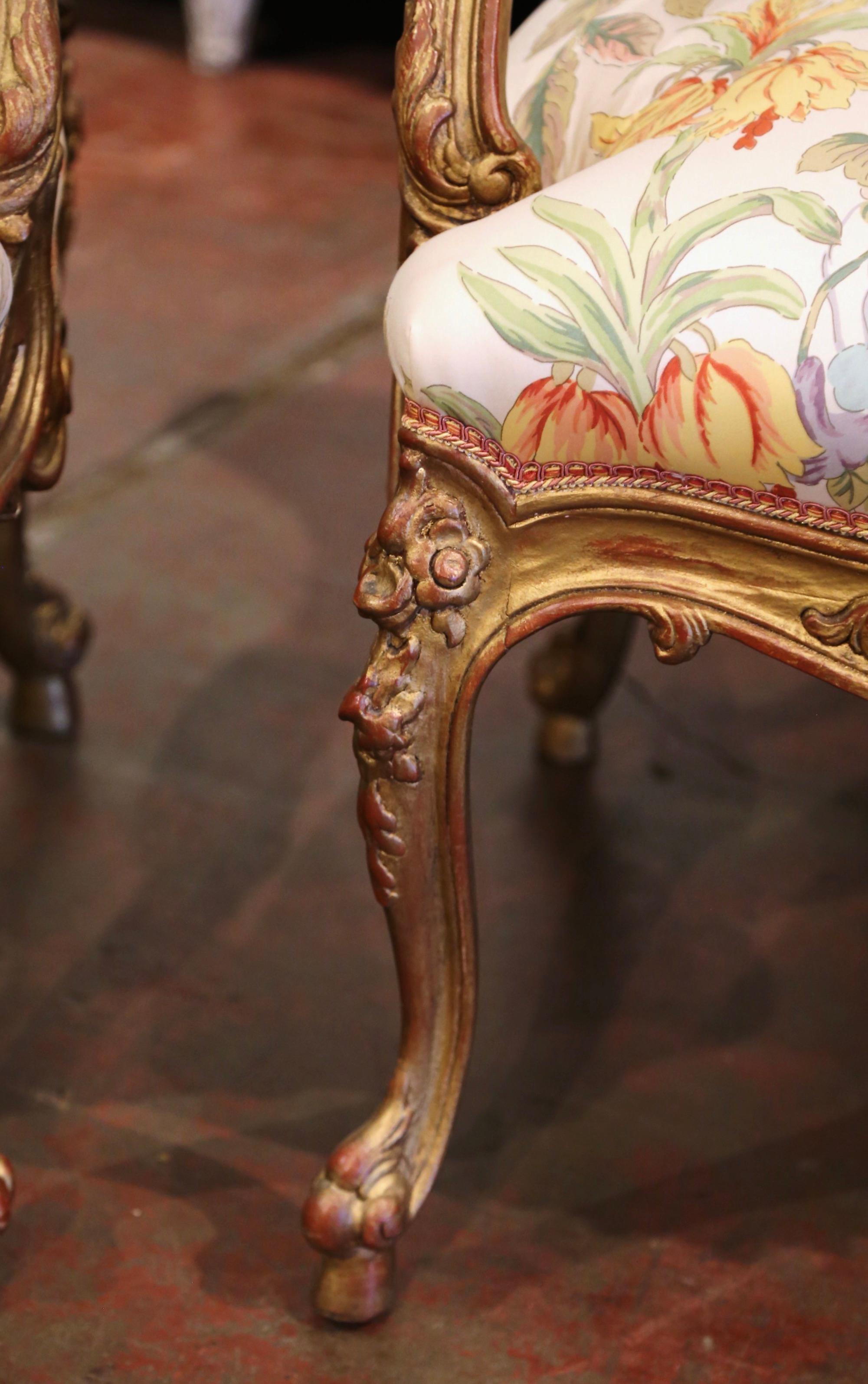 Pair Early 20th Century French Louis XV Carved Gilt Painted Bergères Fauteuils 7