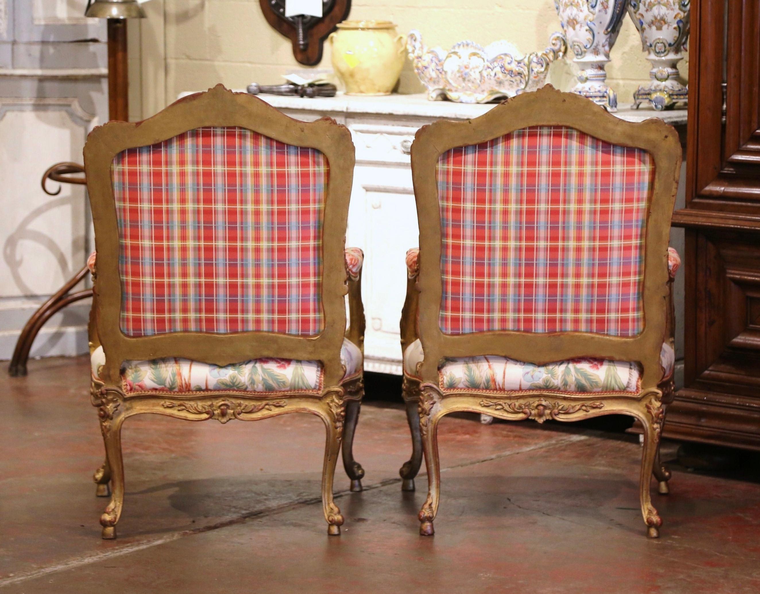 Pair Early 20th Century French Louis XV Carved Gilt Painted Bergères Fauteuils 13