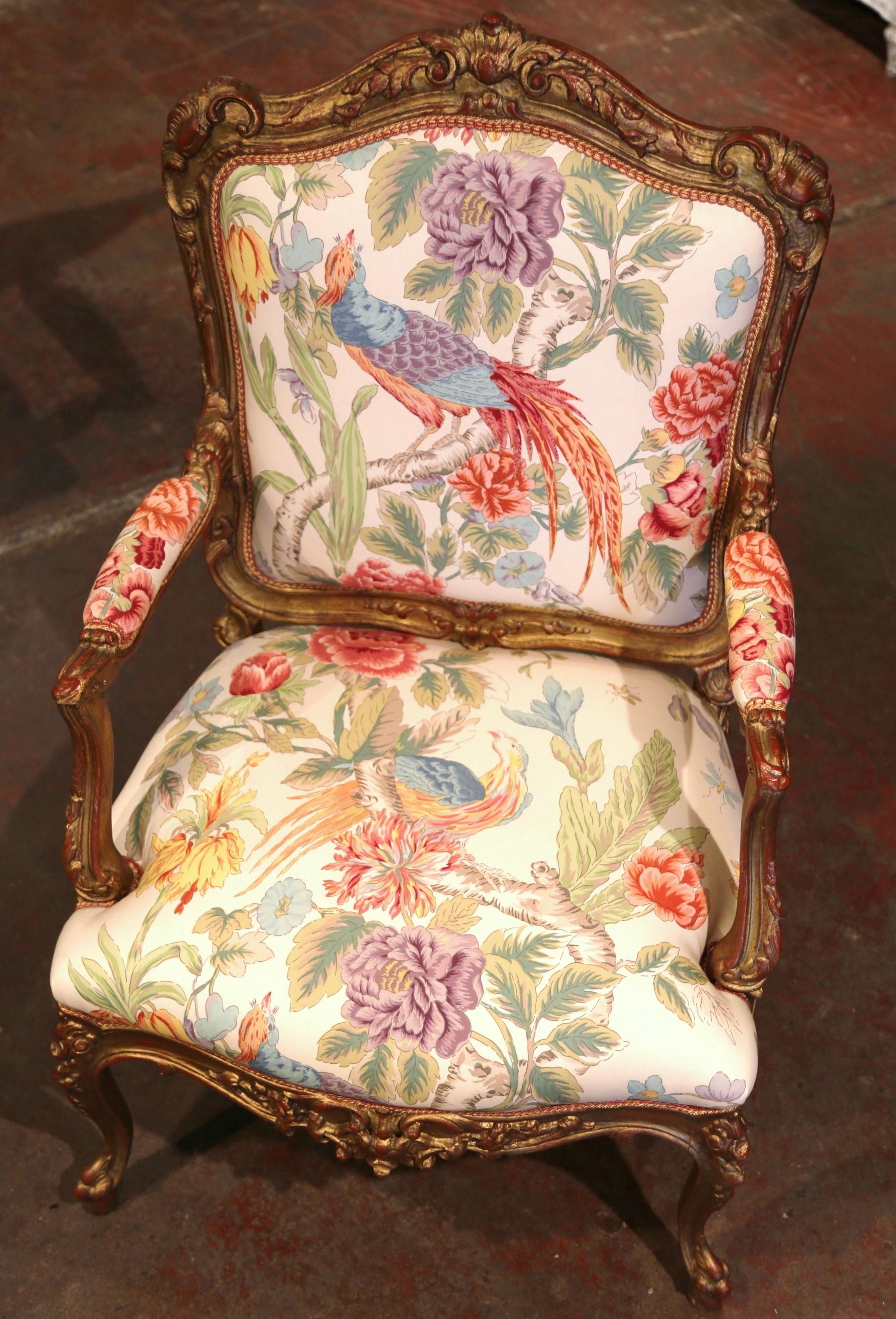 Fabric Pair Early 20th Century French Louis XV Carved Gilt Painted Bergères Fauteuils