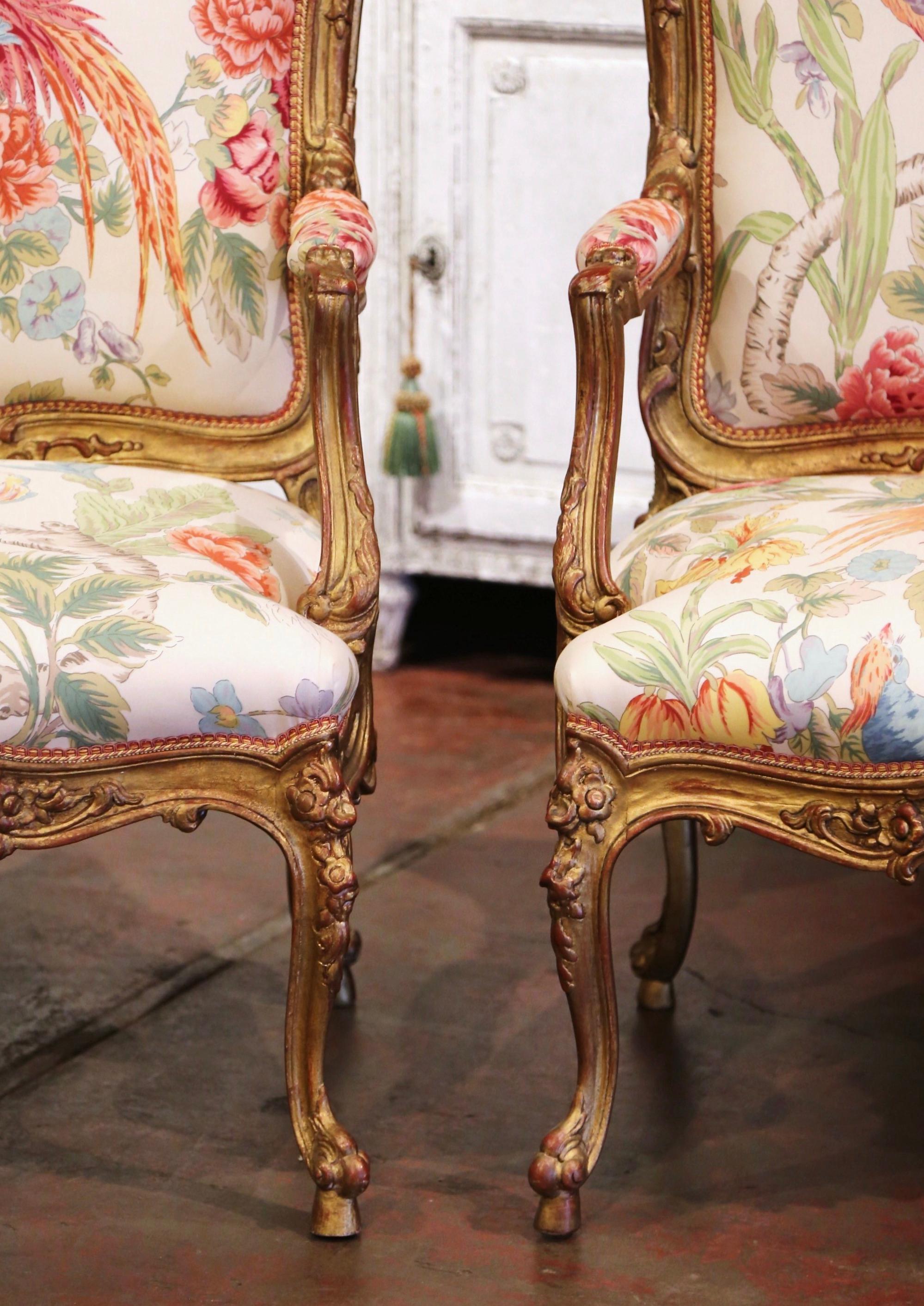 Pair Early 20th Century French Louis XV Carved Gilt Painted Bergères Fauteuils 4