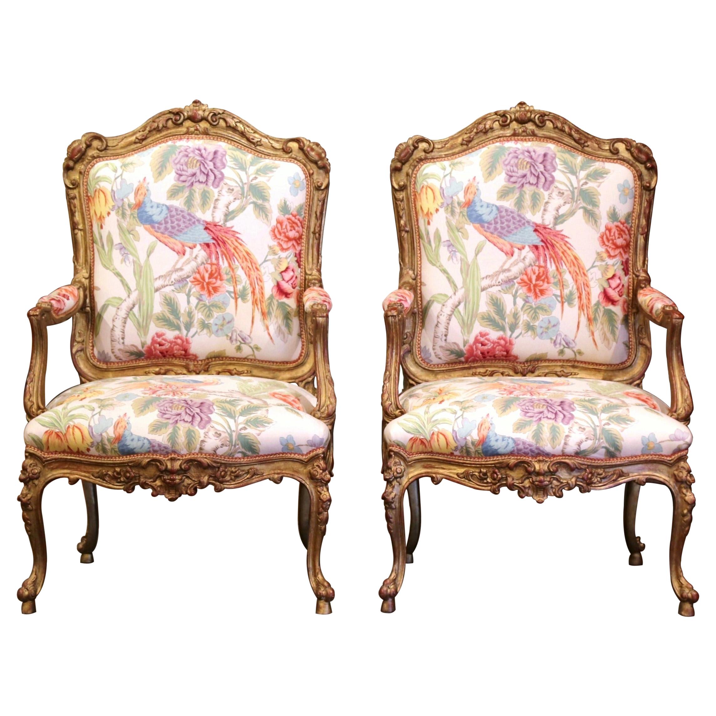 Pair Early 20th Century French Louis XV Carved Gilt Painted Bergères Fauteuils