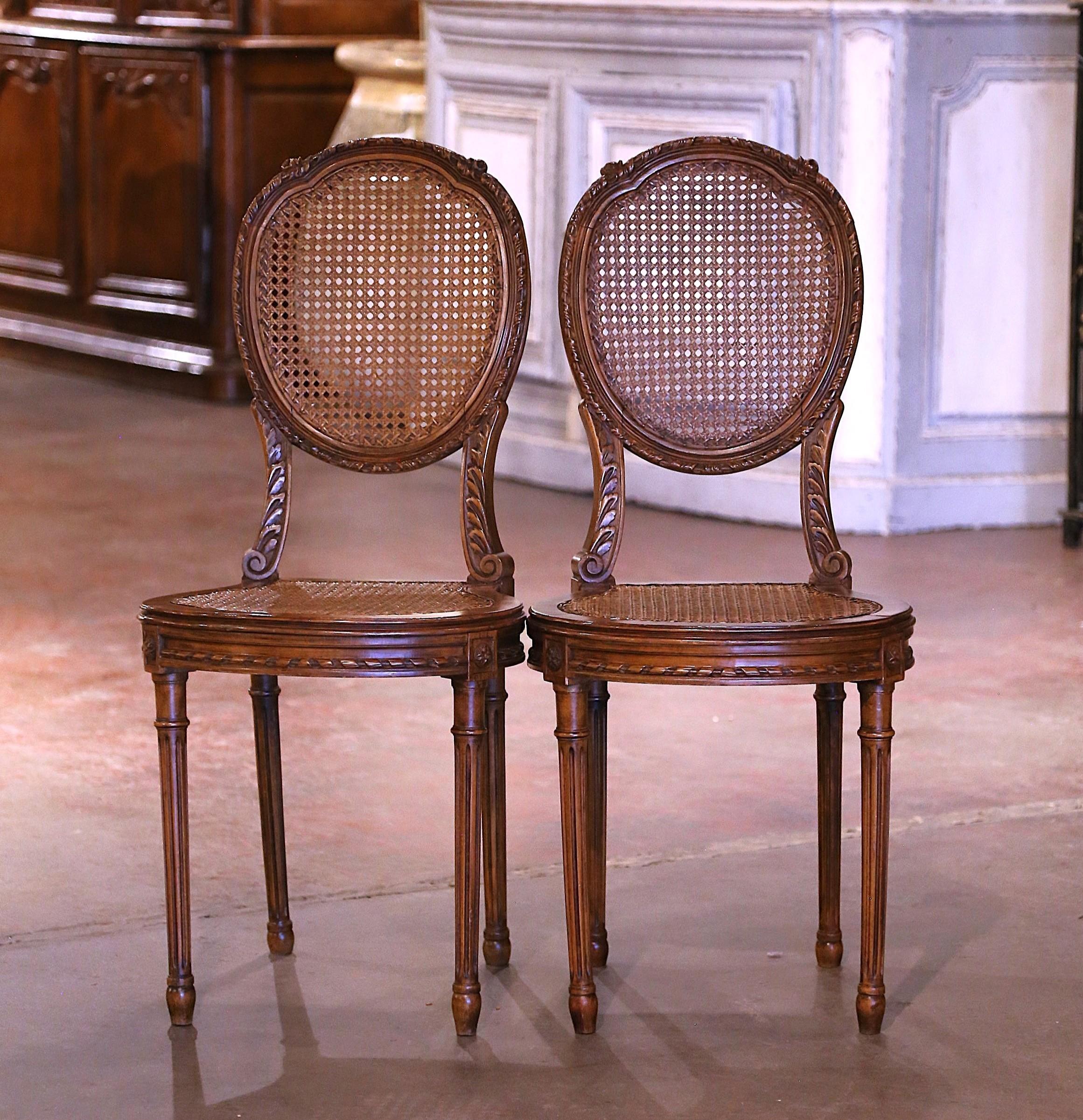 Pair Early 20th Century French Louis XVI Carved Walnut and Cane Vanity Chairs For Sale 8