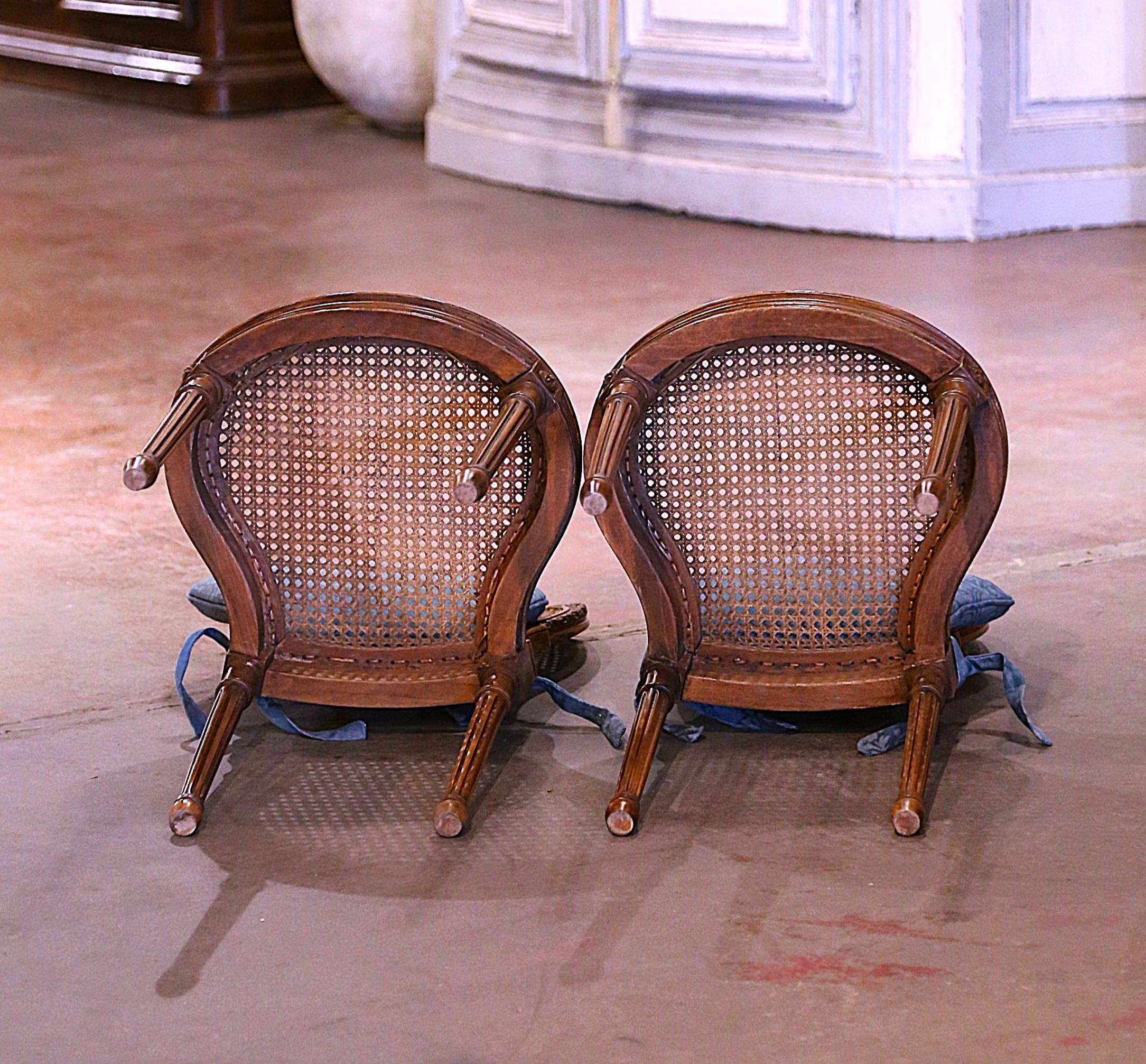 Pair Early 20th Century French Louis XVI Carved Walnut and Cane Vanity Chairs For Sale 9