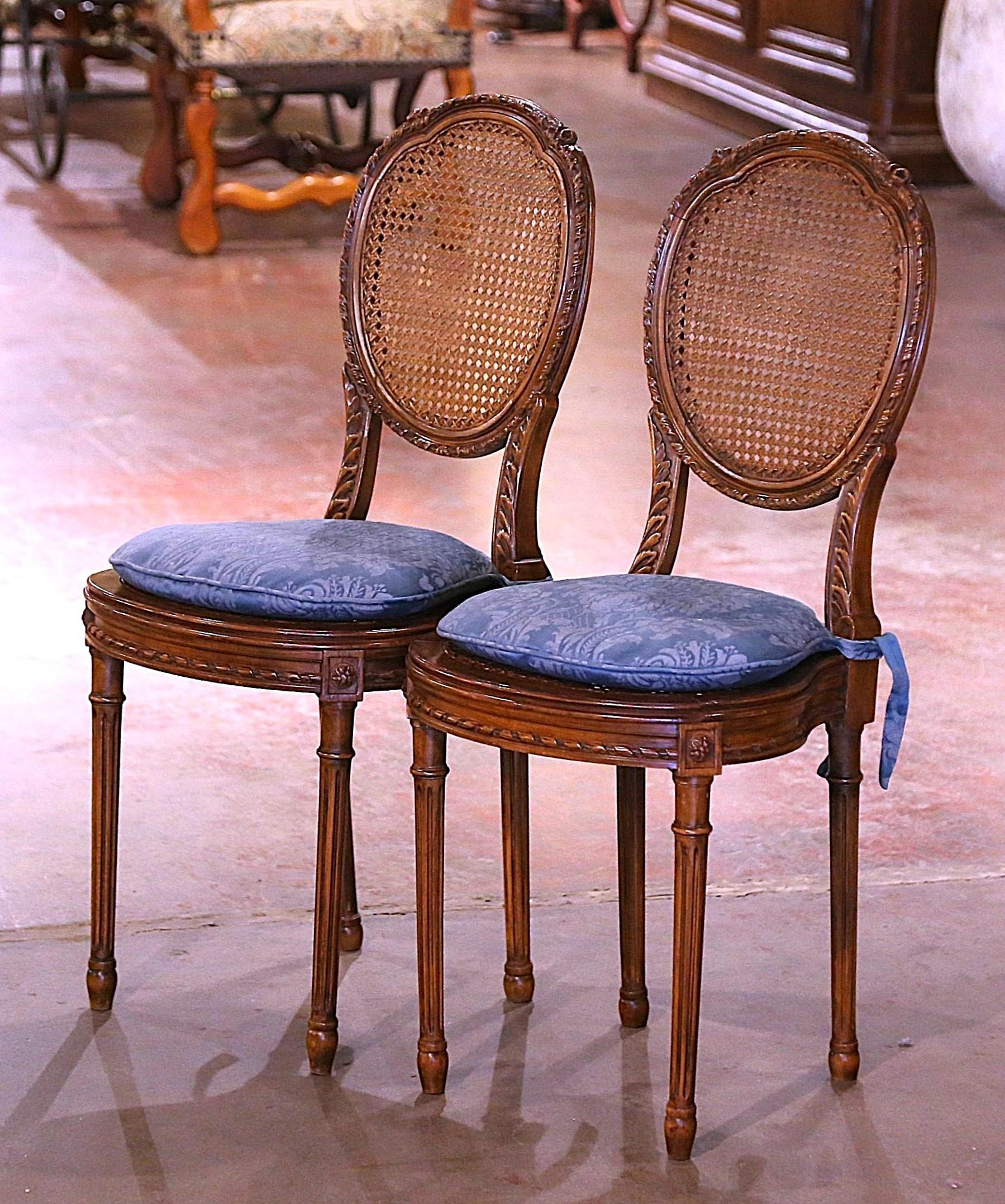 Pair Early 20th Century French Louis XVI Carved Walnut and Cane Vanity Chairs For Sale 1