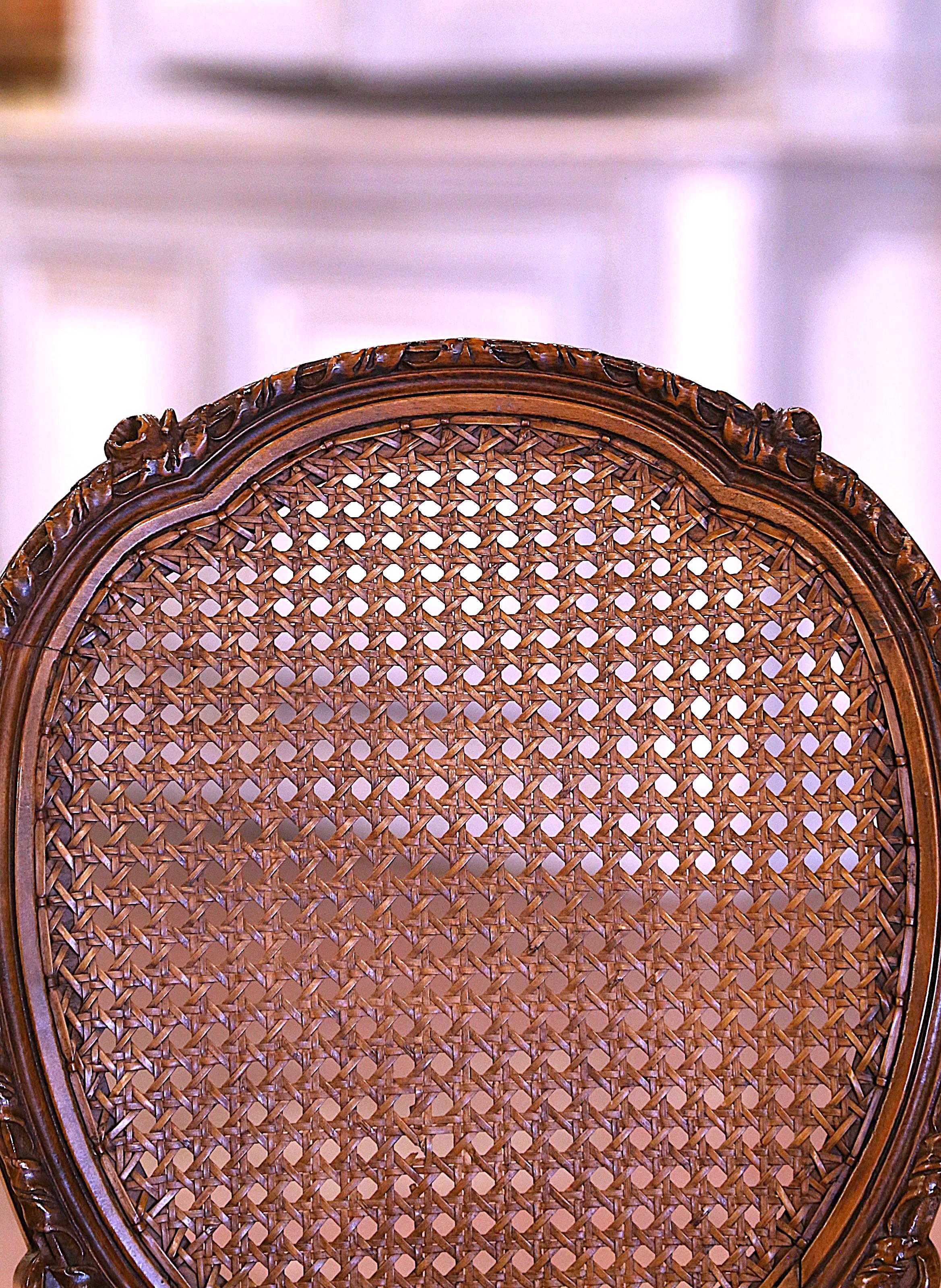 Pair Early 20th Century French Louis XVI Carved Walnut and Cane Vanity Chairs For Sale 2