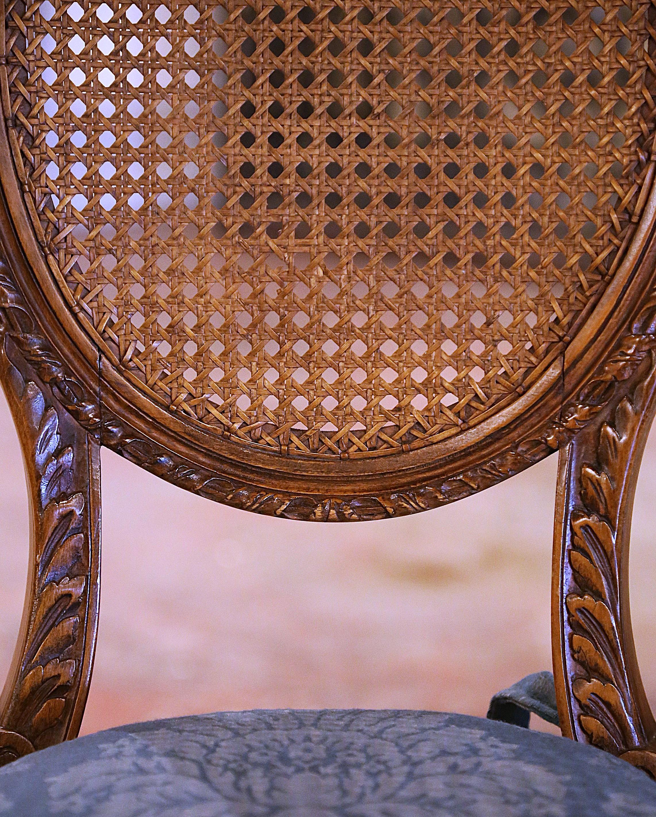 Pair Early 20th Century French Louis XVI Carved Walnut and Cane Vanity Chairs For Sale 3