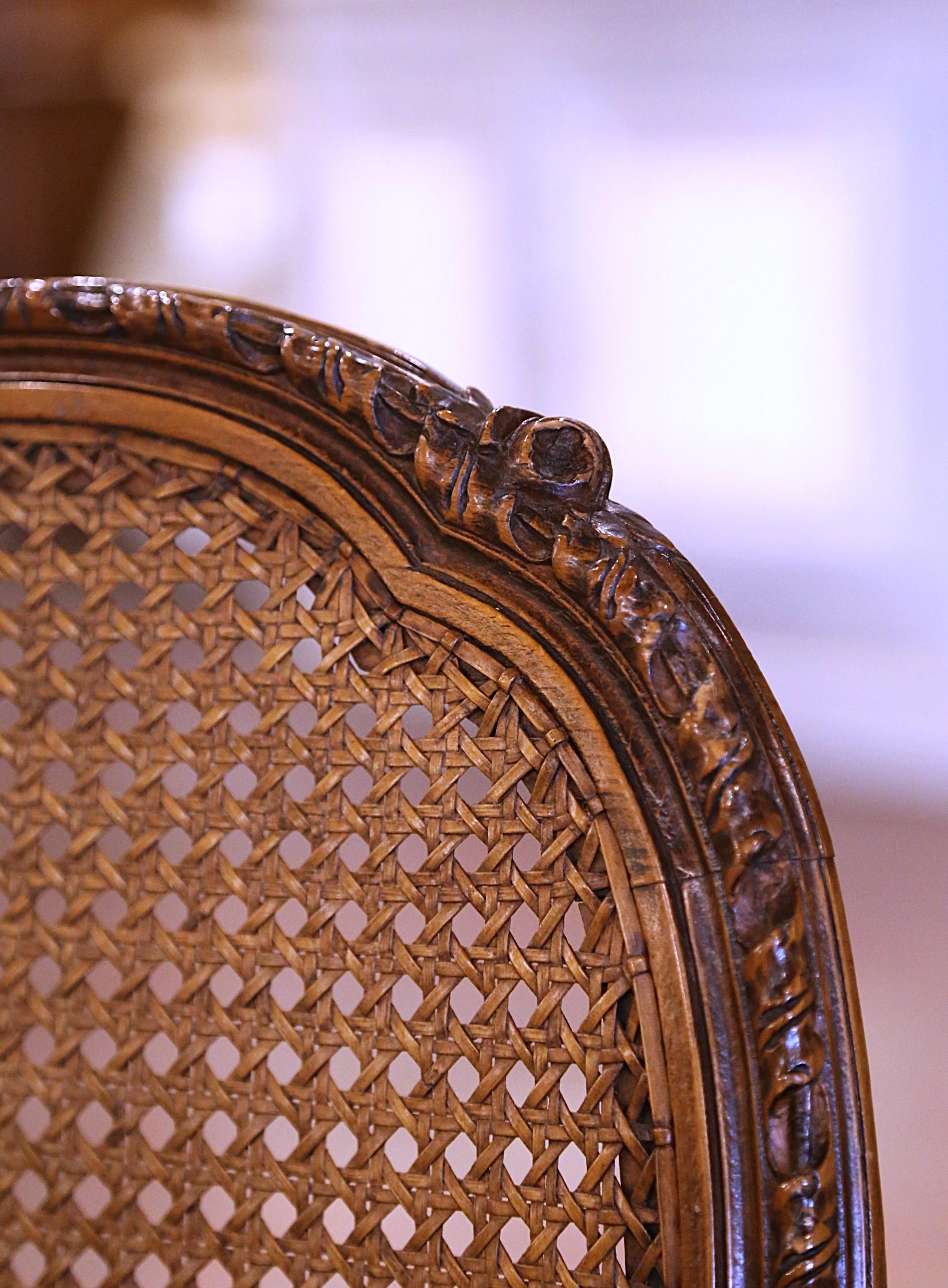 Pair Early 20th Century French Louis XVI Carved Walnut and Cane Vanity Chairs For Sale 4