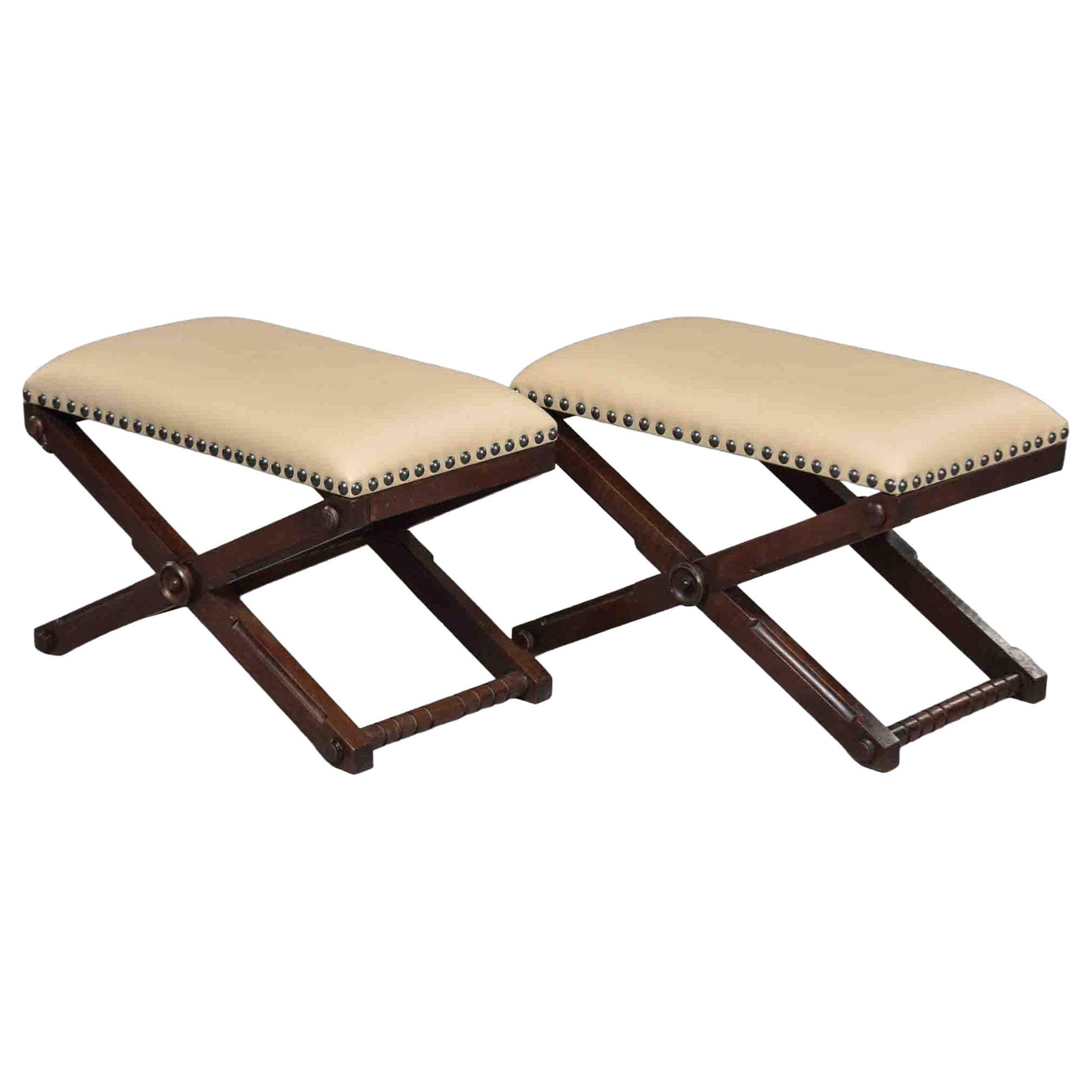 Pair Early 20th Century French Stools or Benches with New Leather