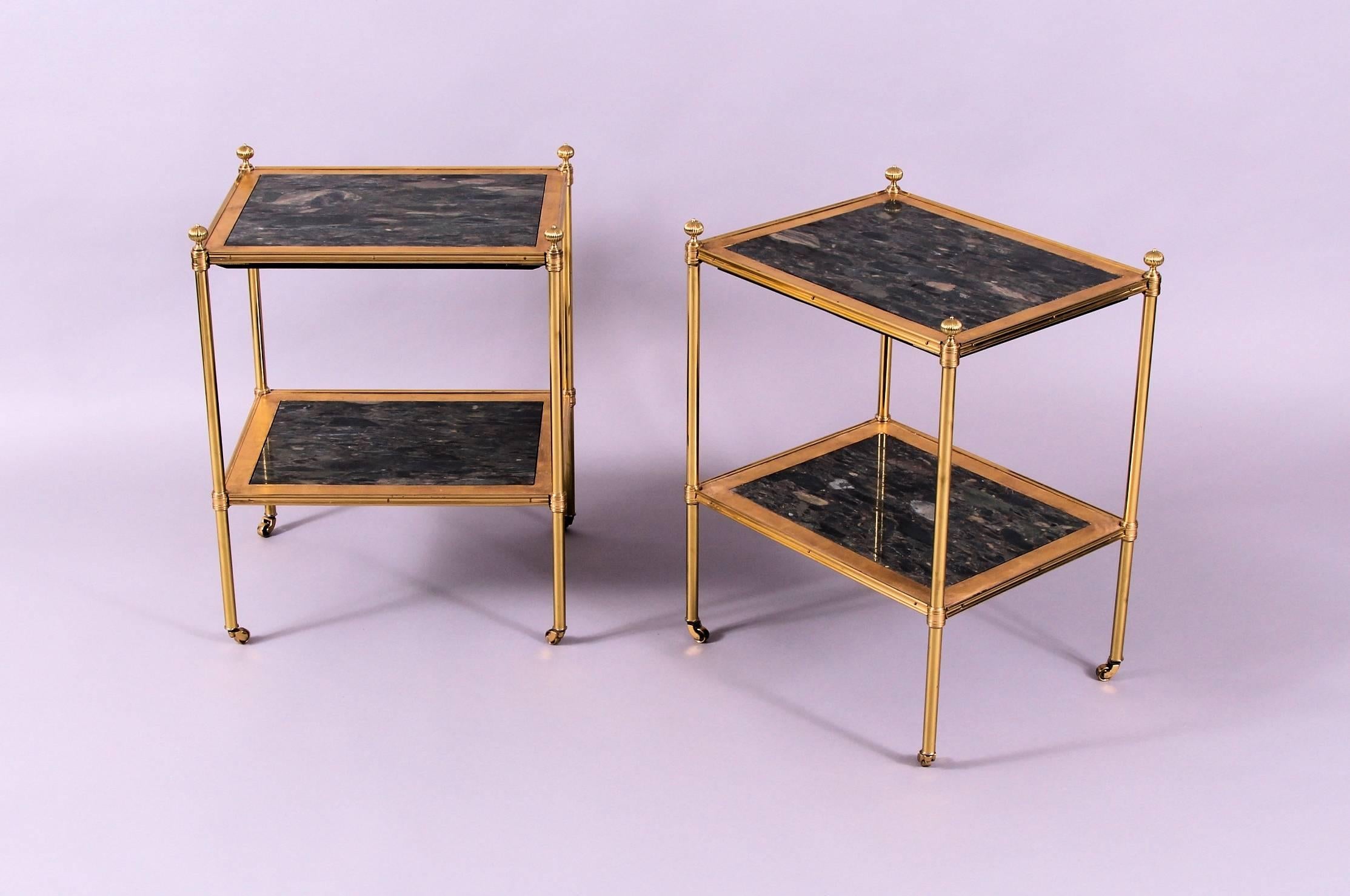Exceptional and pair of early 20th century gilt brass étagère incorporating rare panels of Breccia Verde D'Egitto Roman marble. The gilding and marble exhibit the most wonderful and contrasting of colours to deliver refined elegance and beauty. They