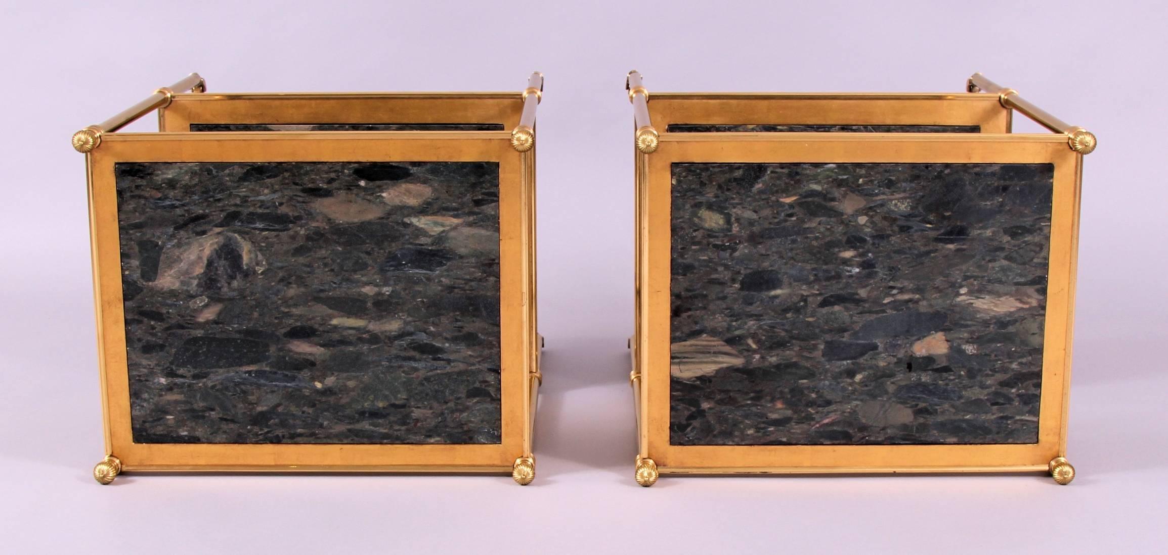 Neoclassical Early 20th Century Gilt Brass Étagère Incorporating Rare Panels of Marble, Pair